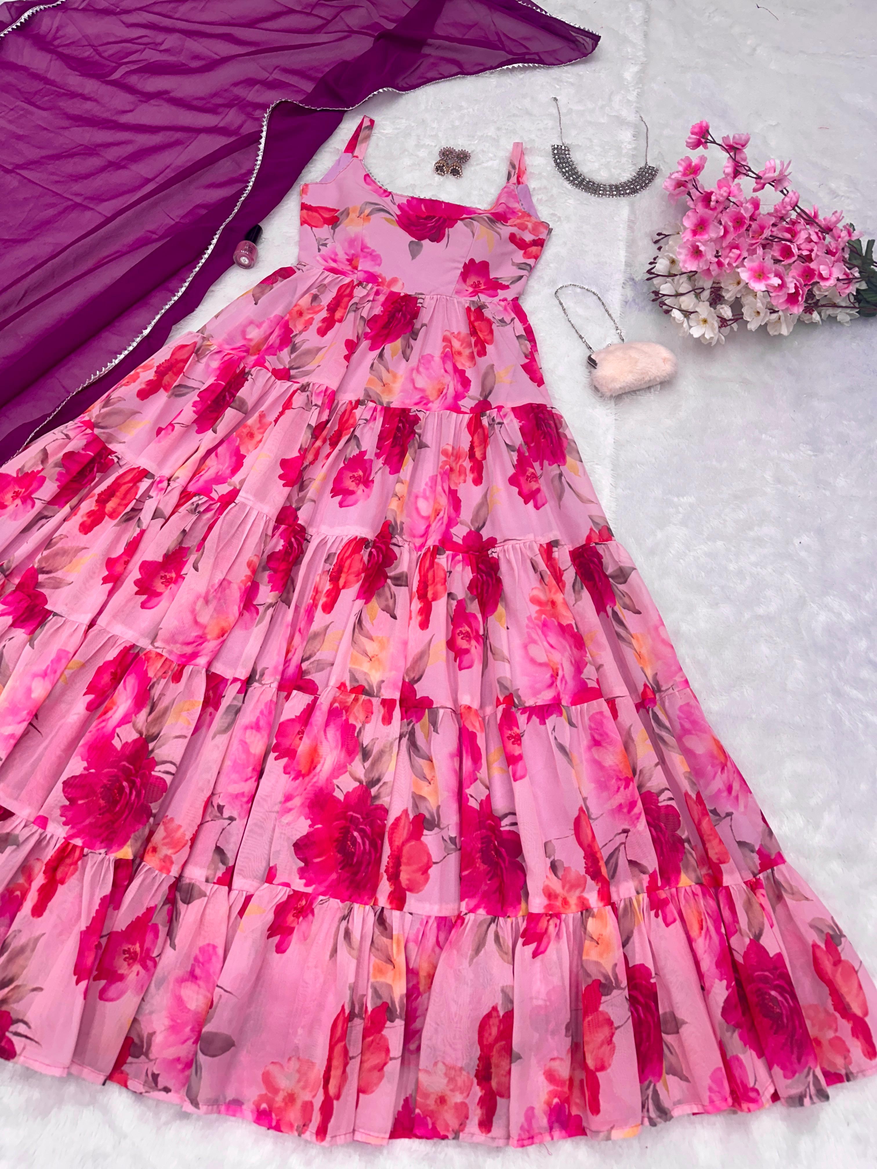 Pink Ruffle Flair Flower Design Georgette Long Gown