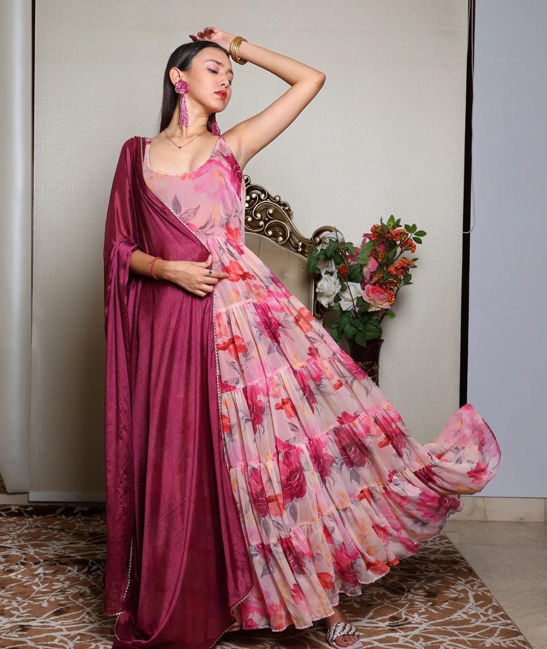 Pink Ruffle Flair Flower Design Georgette Long Gown