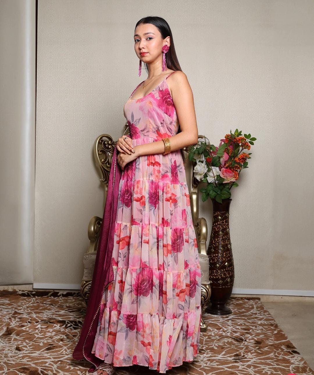 Pink Ruffle Flair Flower Design Georgette Long Gown