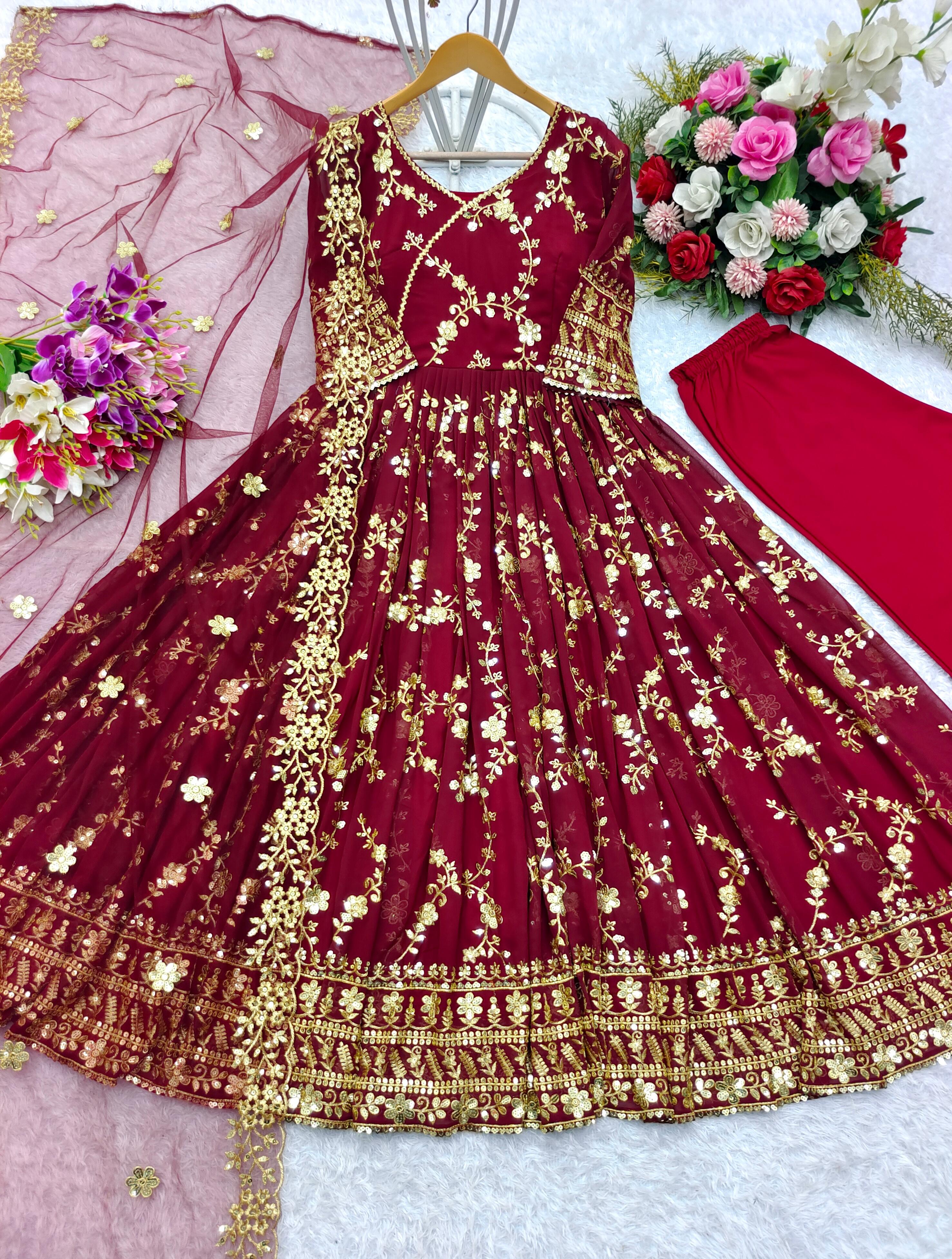 Red Color Full Sequence Work Anarkali Suit