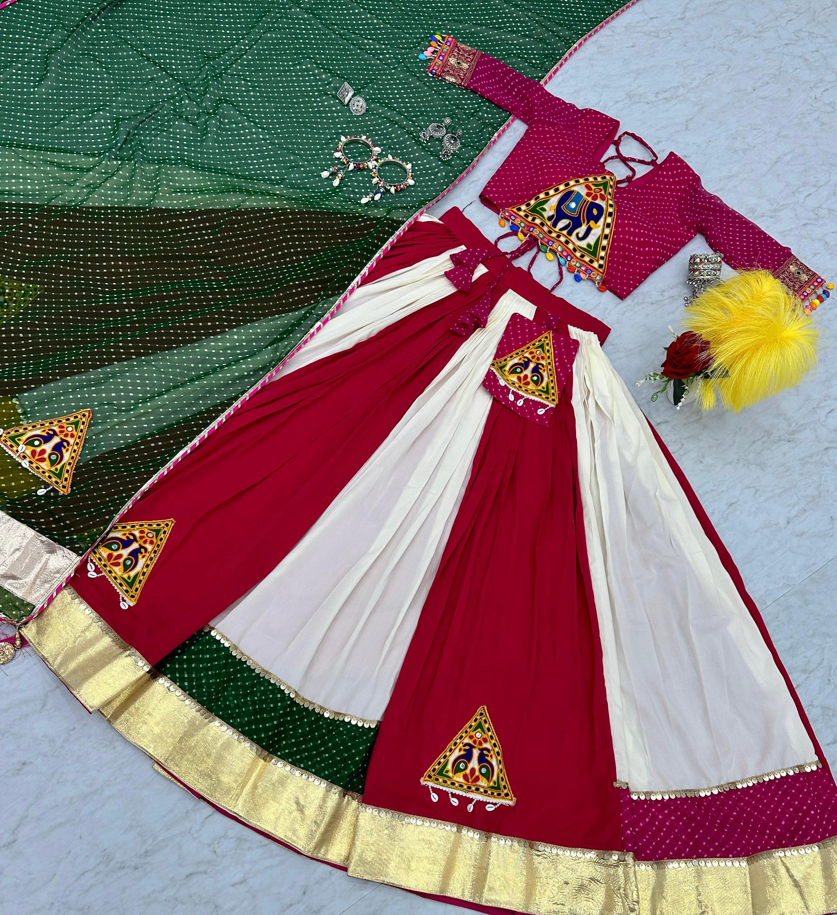 Navratri Special White With Red Gamthi Work Lehenga Choli