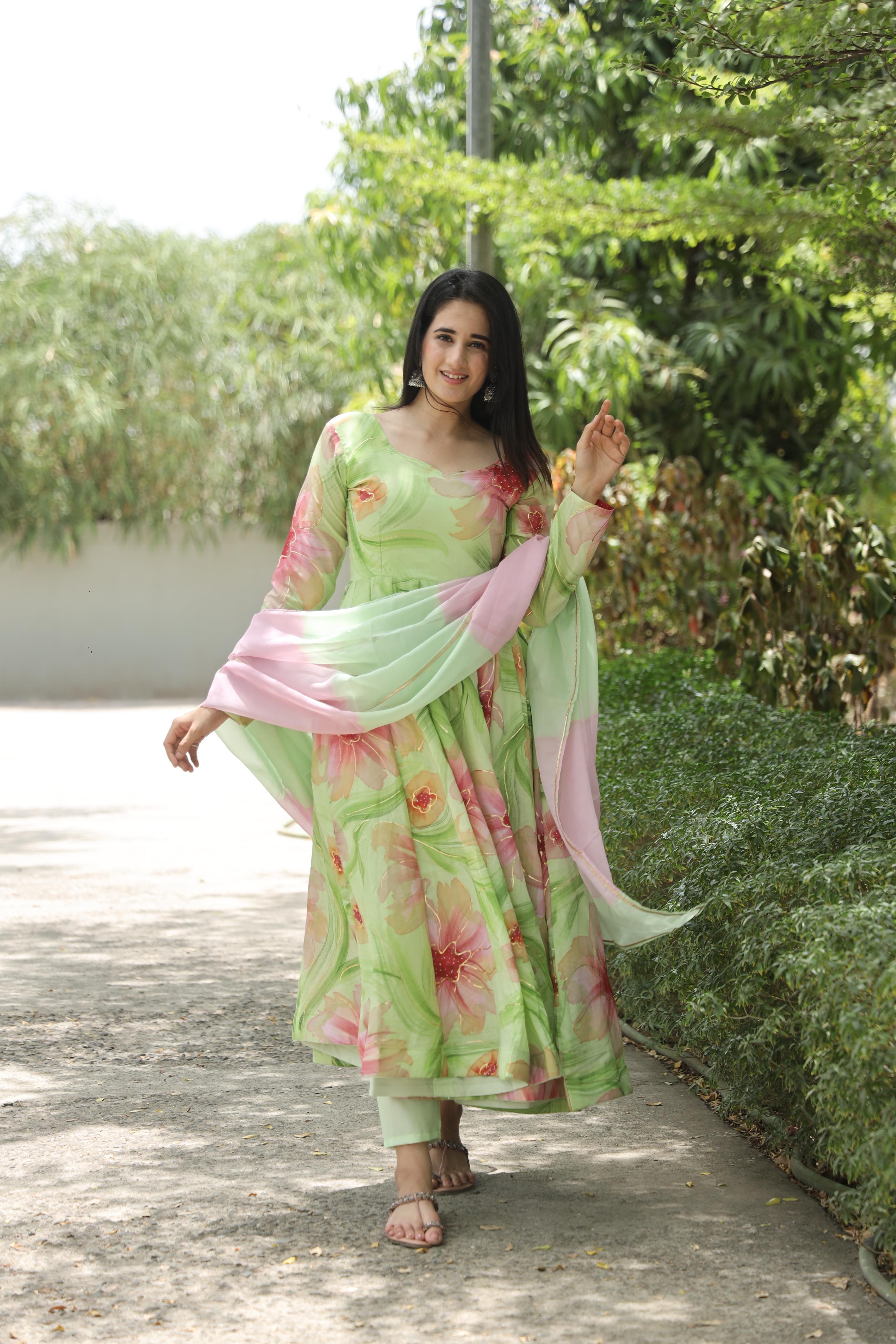 Green Color Amazing Flower Printed Anarkali Suit