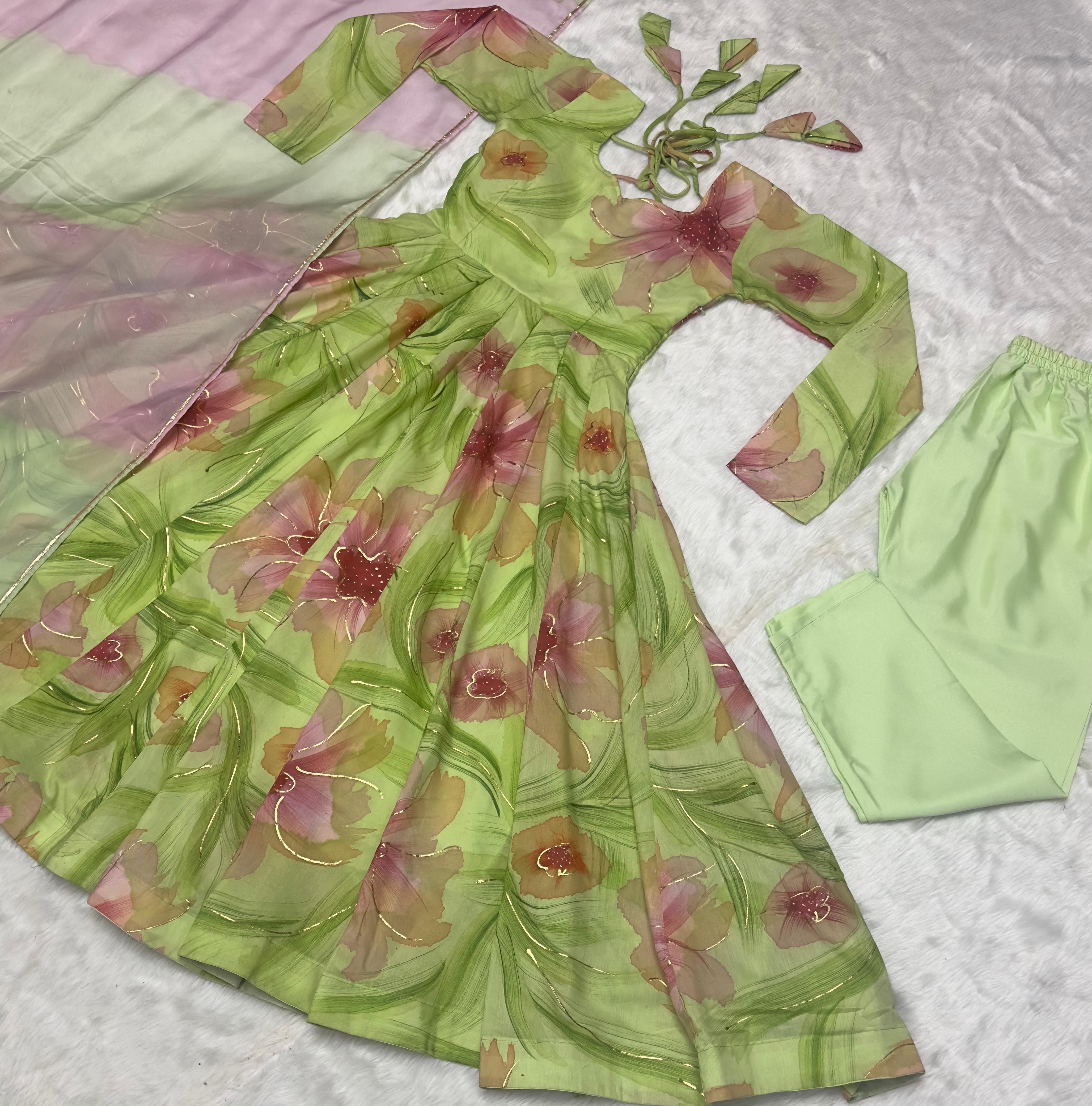 Green Color Amazing Flower Printed Anarkali Suit