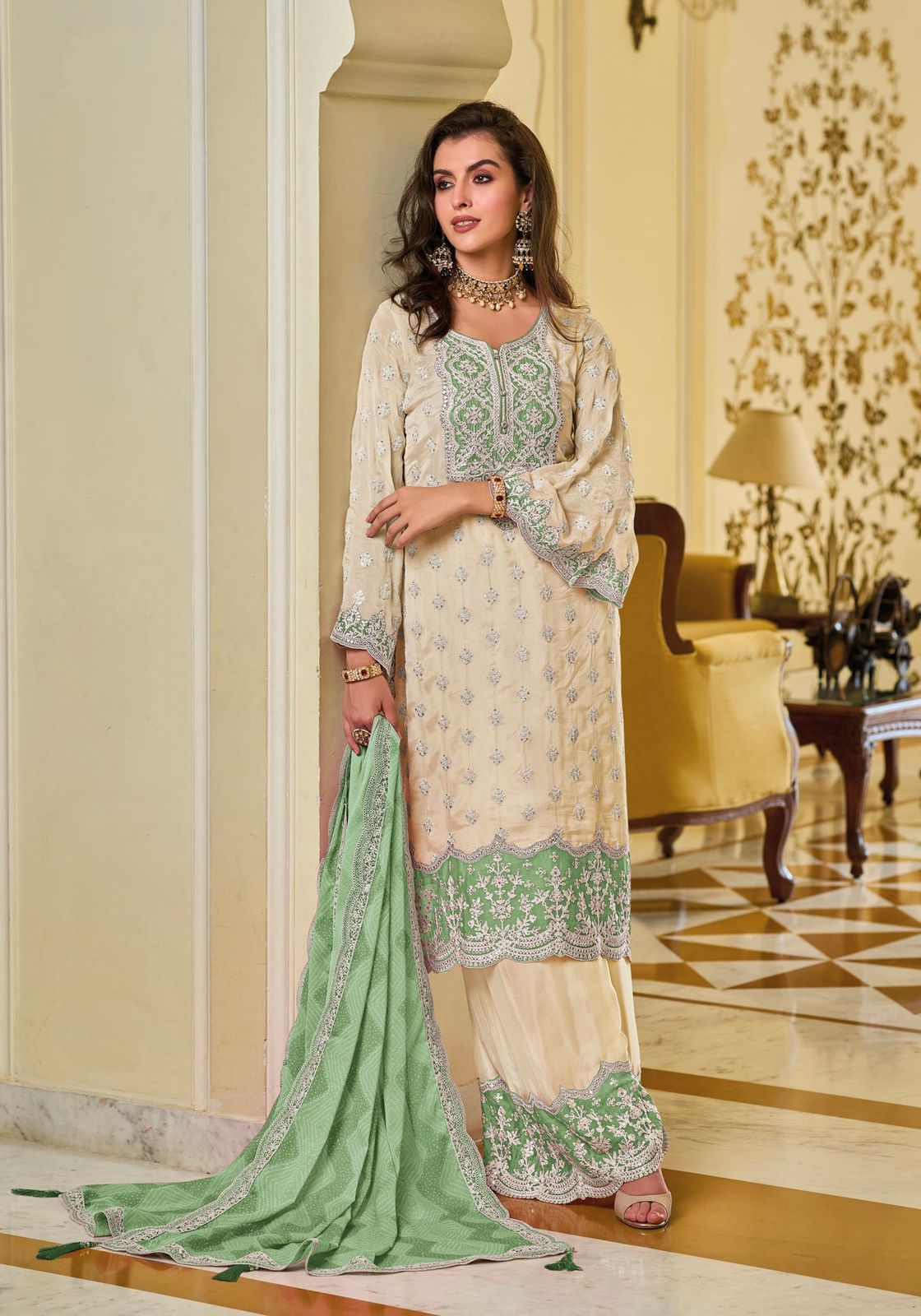 Trendy White And Green Color Work Palazzo Suit