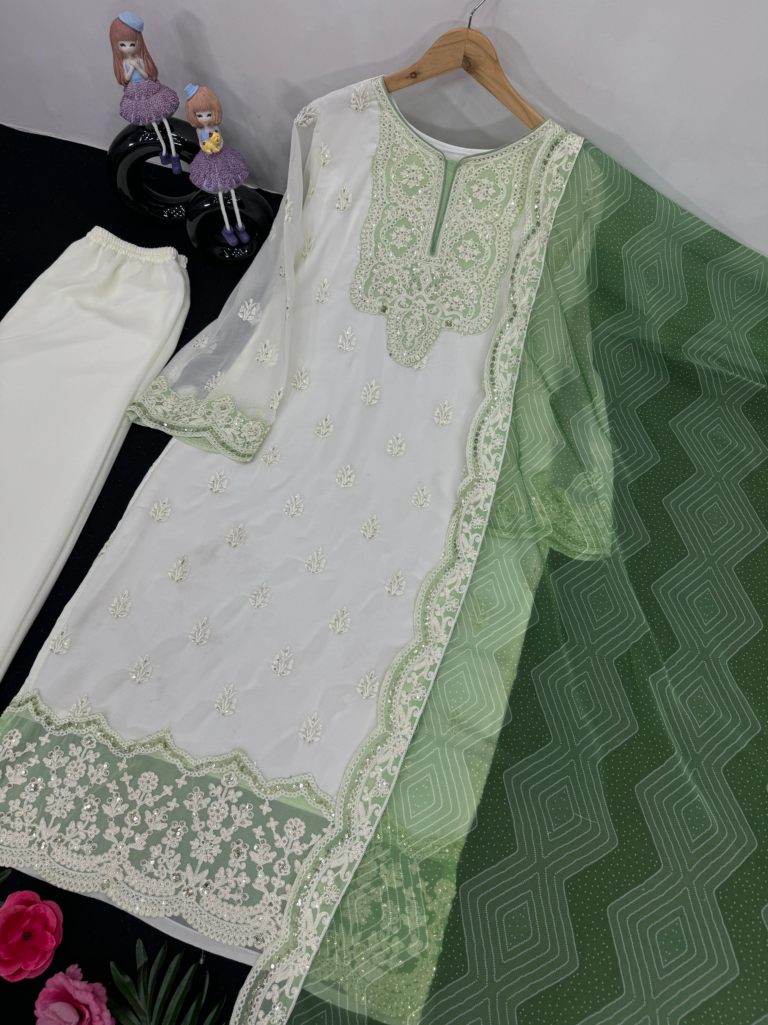 Trendy White And Green Color Work Palazzo Suit