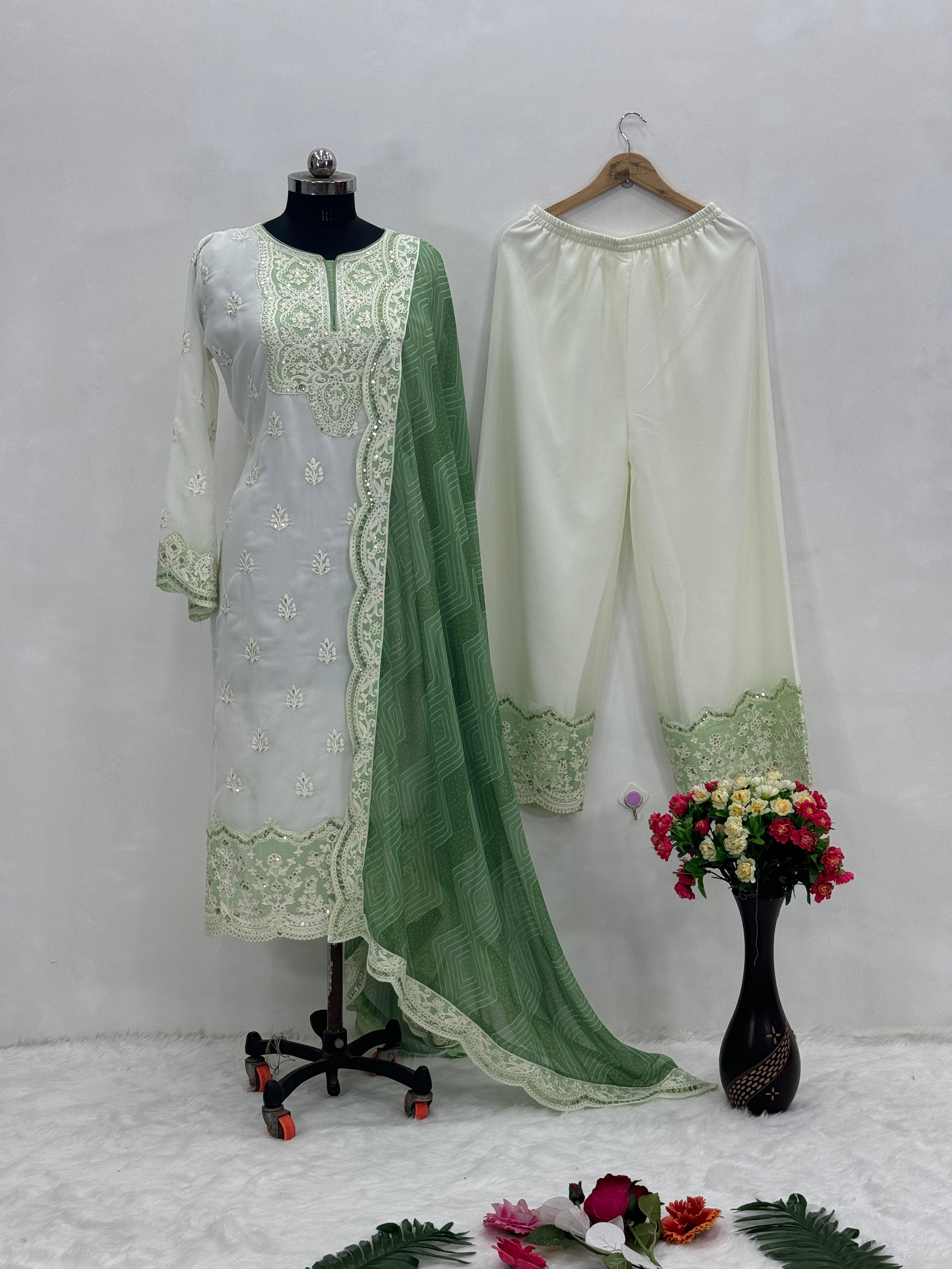 Trendy White And Green Color Work Palazzo Suit