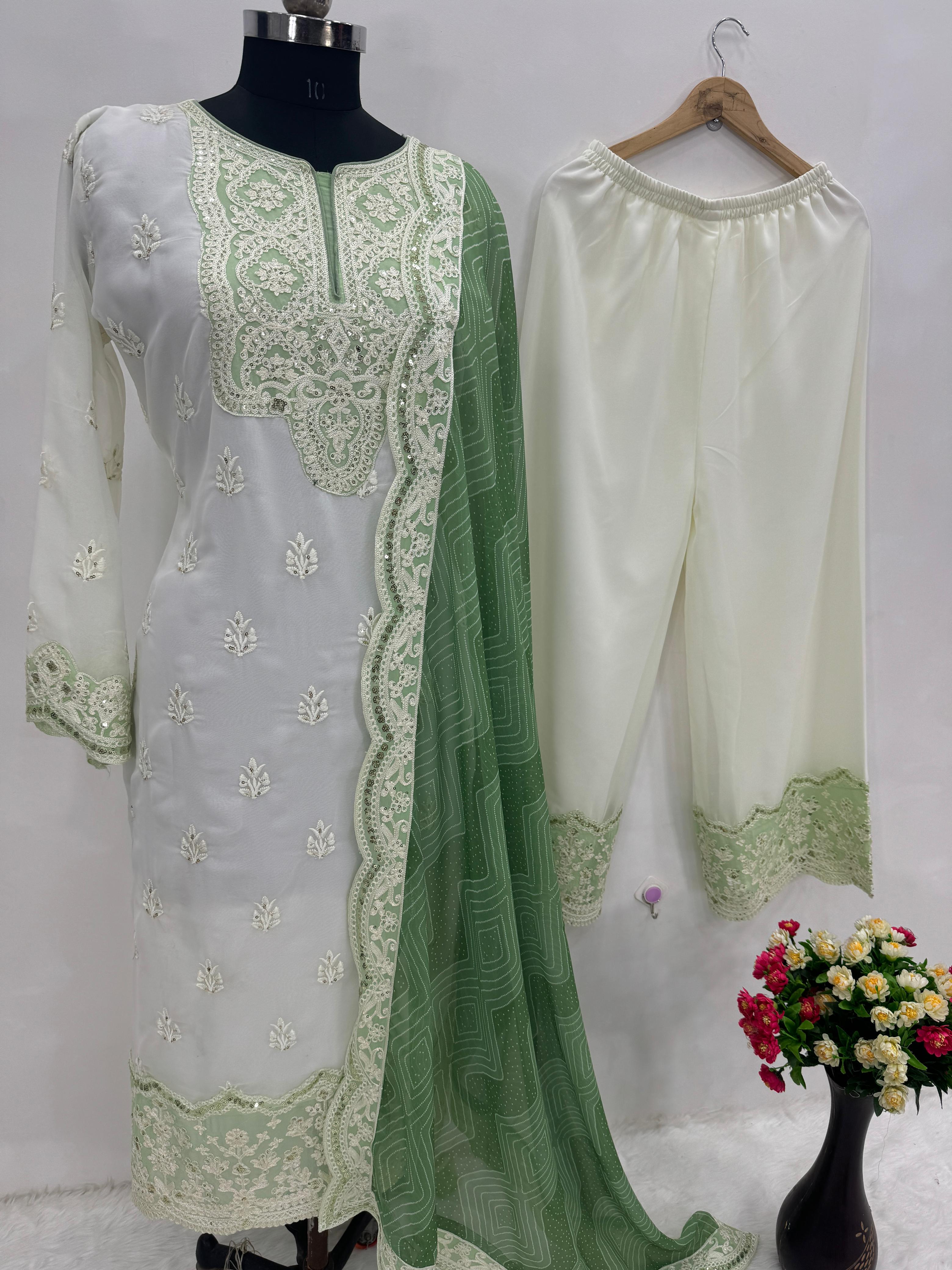 Trendy White And Green Color Work Palazzo Suit