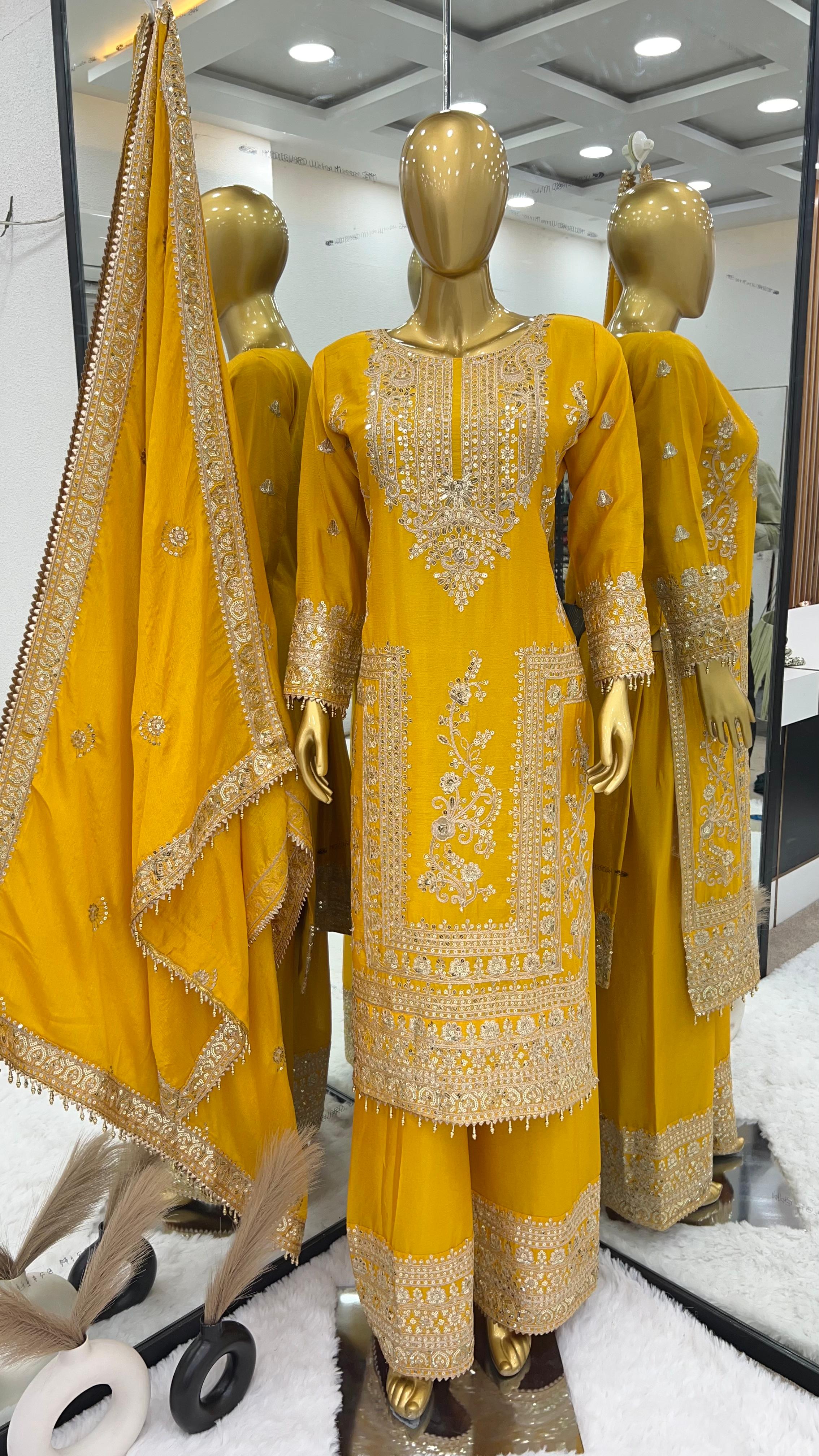 Mesmerizing  Embroidery Work Yellow Color Sharara Suit