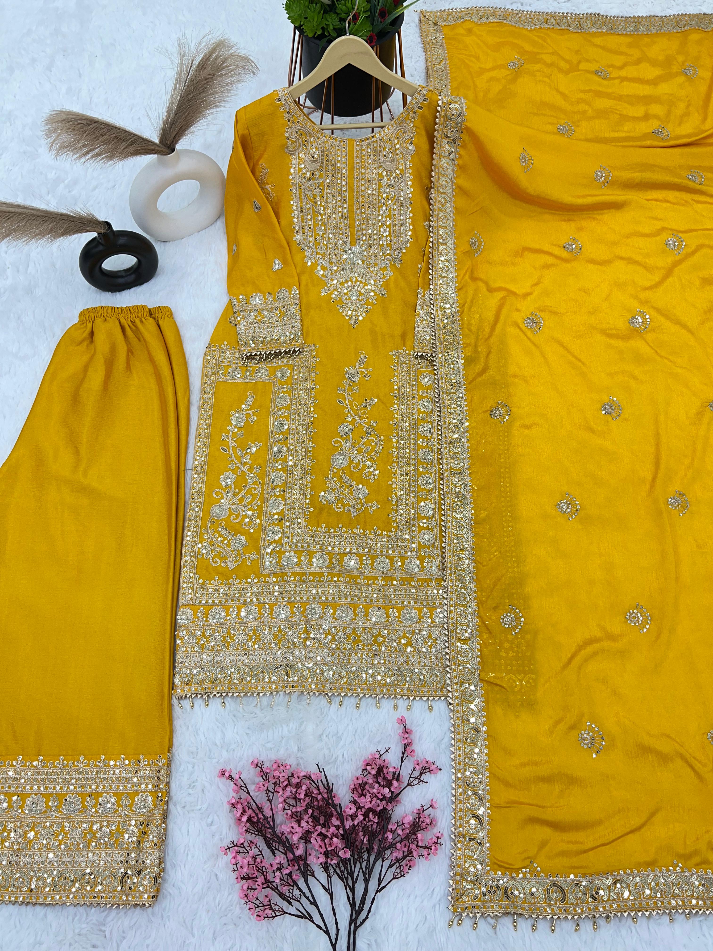 Mesmerizing  Embroidery Work Yellow Color Sharara Suit