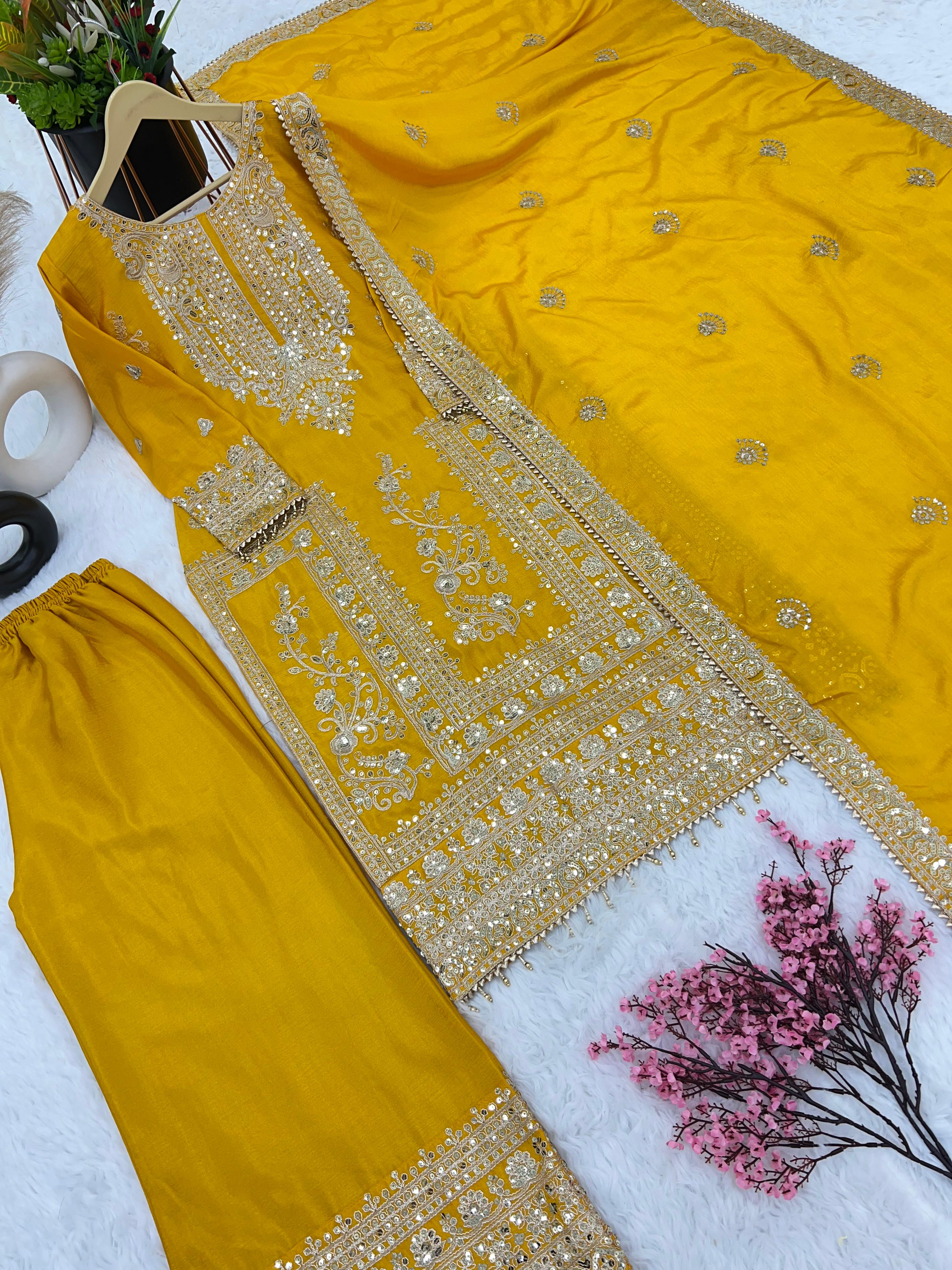 Mesmerizing  Embroidery Work Yellow Color Sharara Suit