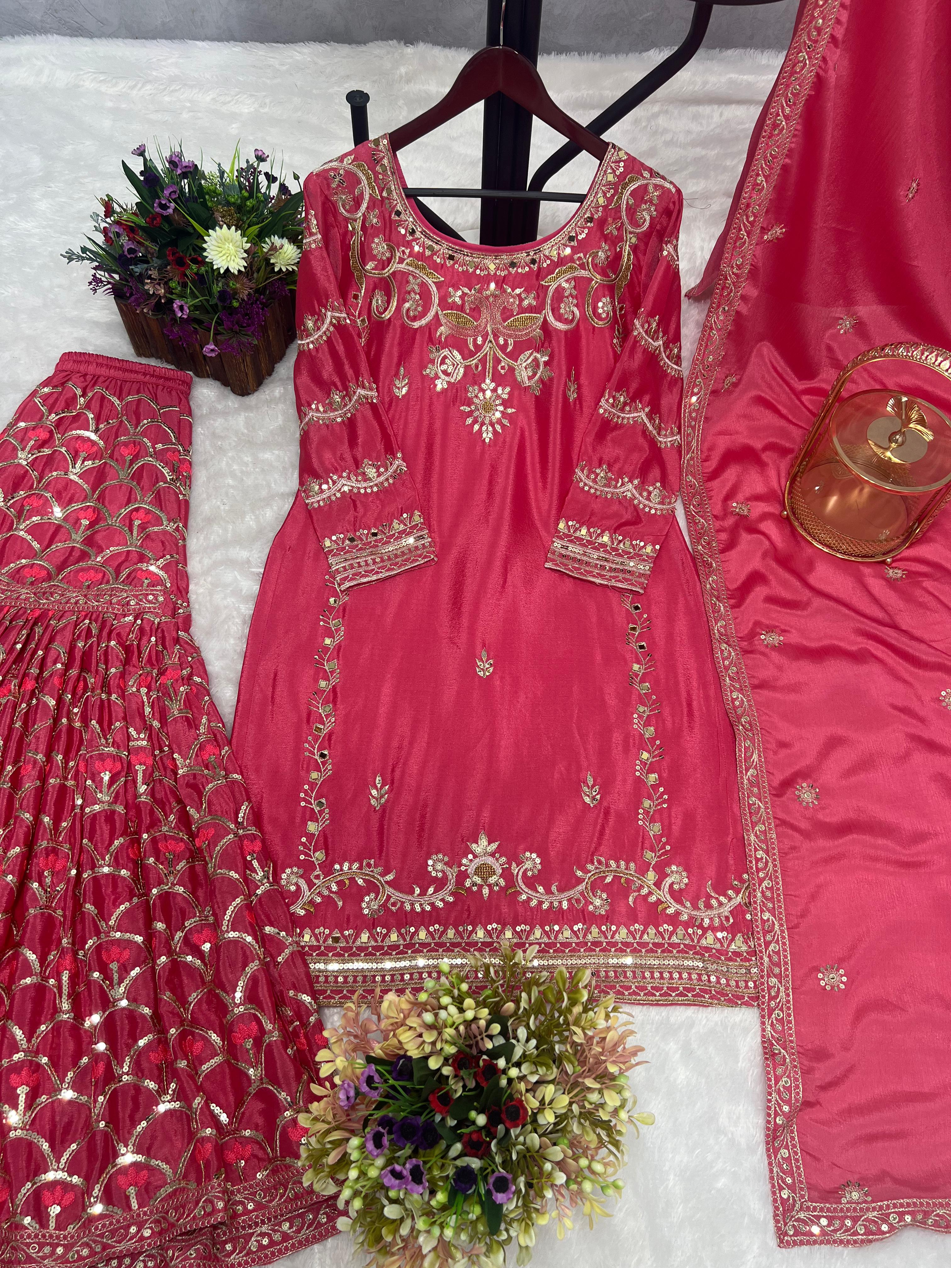 Beautiful Full Sequence With Mirror Work Pink Sharara Suit