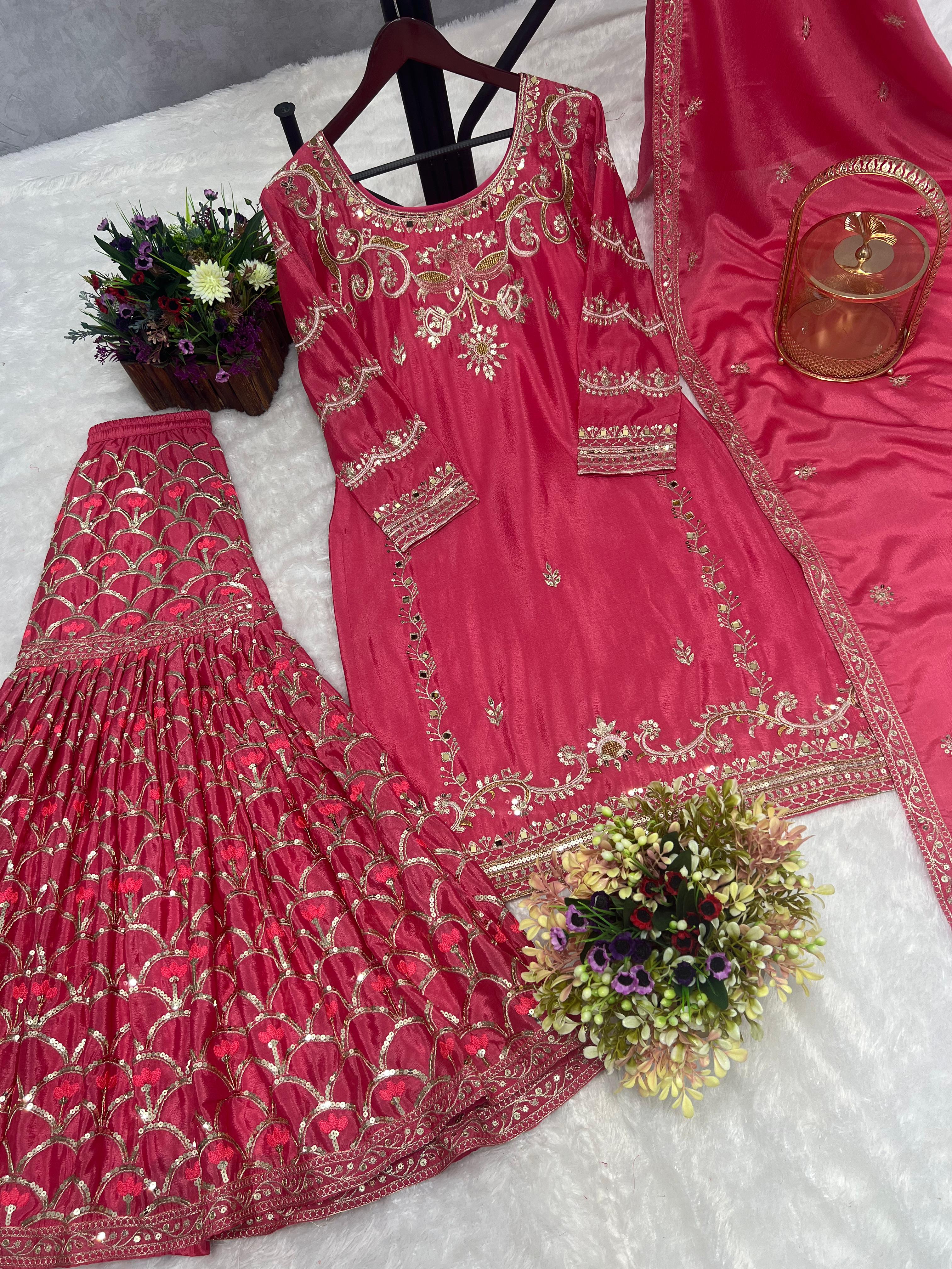 Beautiful Full Sequence With Mirror Work Pink Sharara Suit