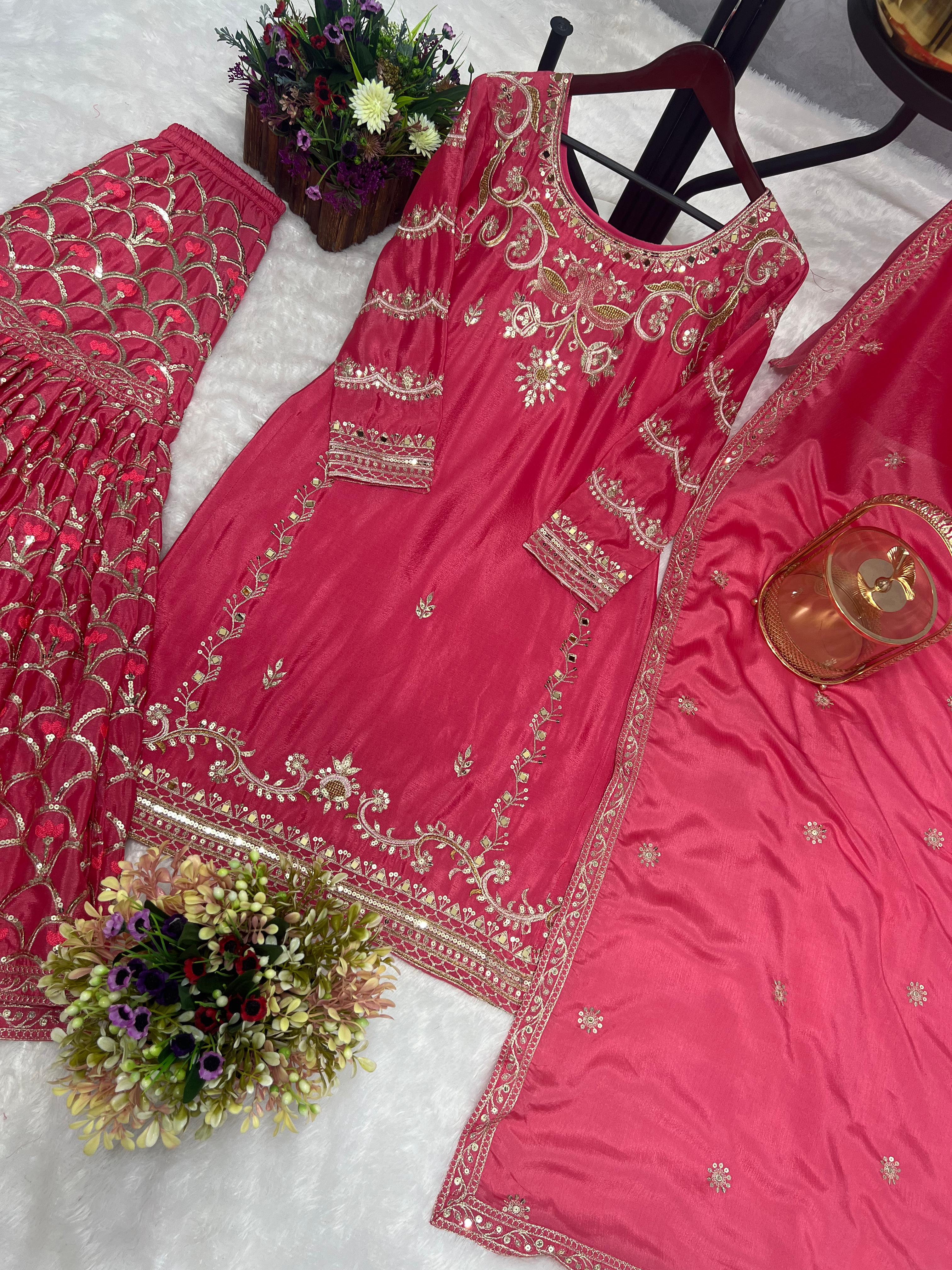 Beautiful Full Sequence With Mirror Work Pink Sharara Suit