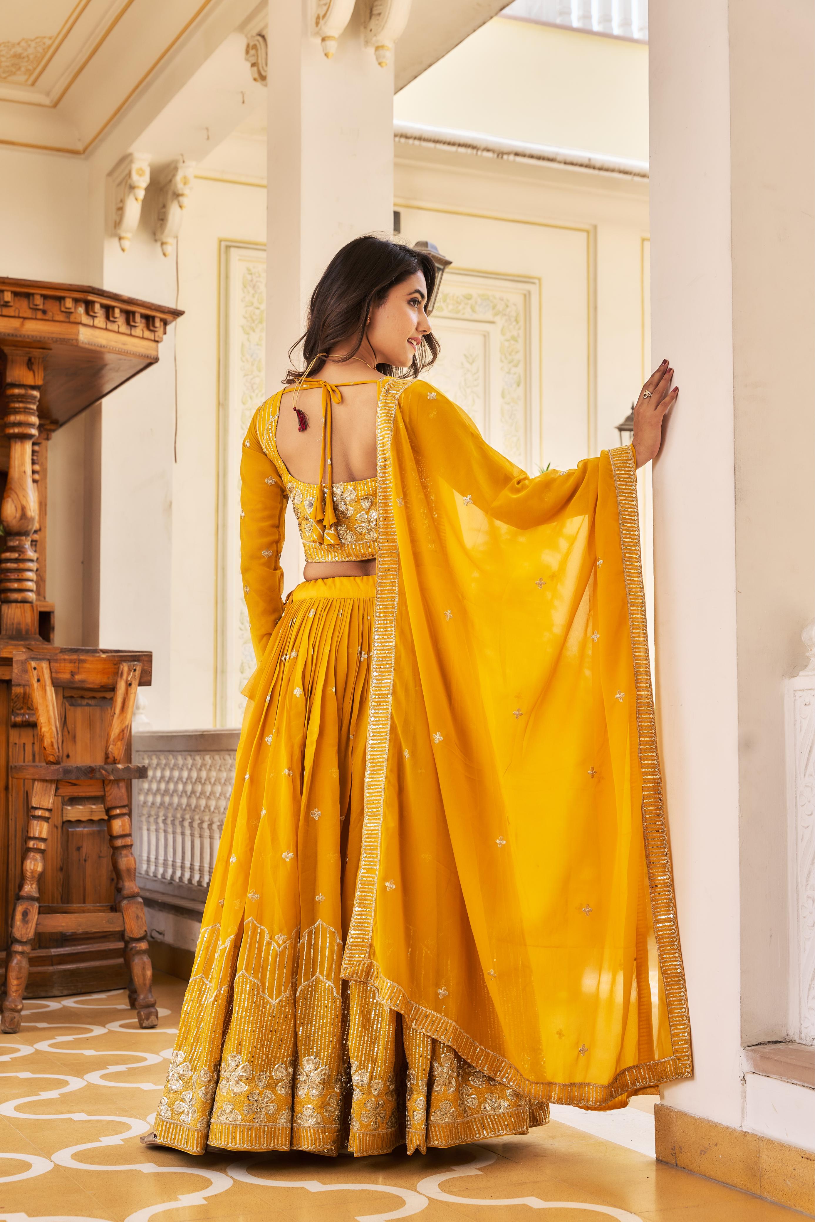 Function Wear Yellow Color Georgette Lehenga Choli