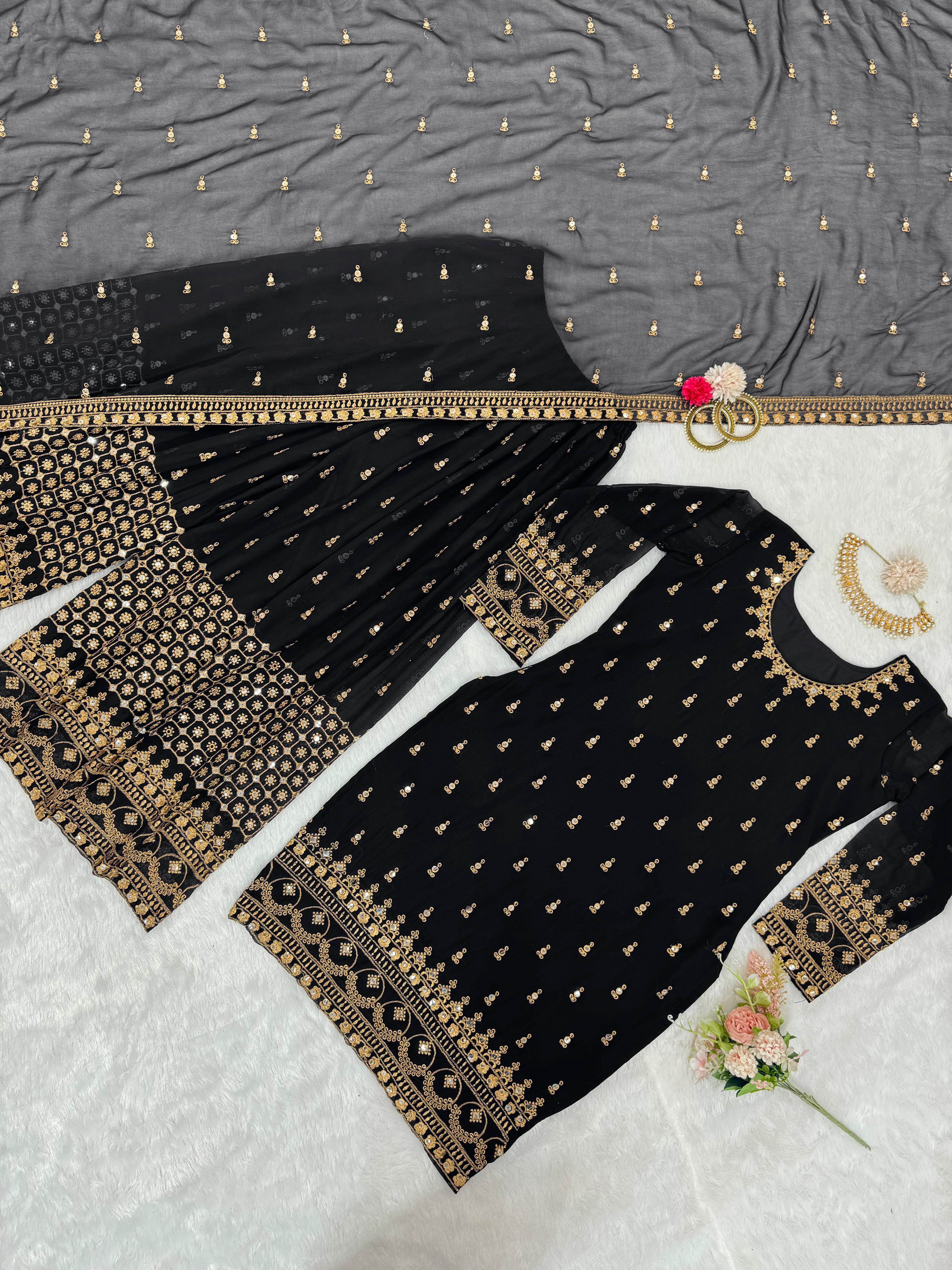 Thread With Sequence Work Black Color Delightful Sharara Suit