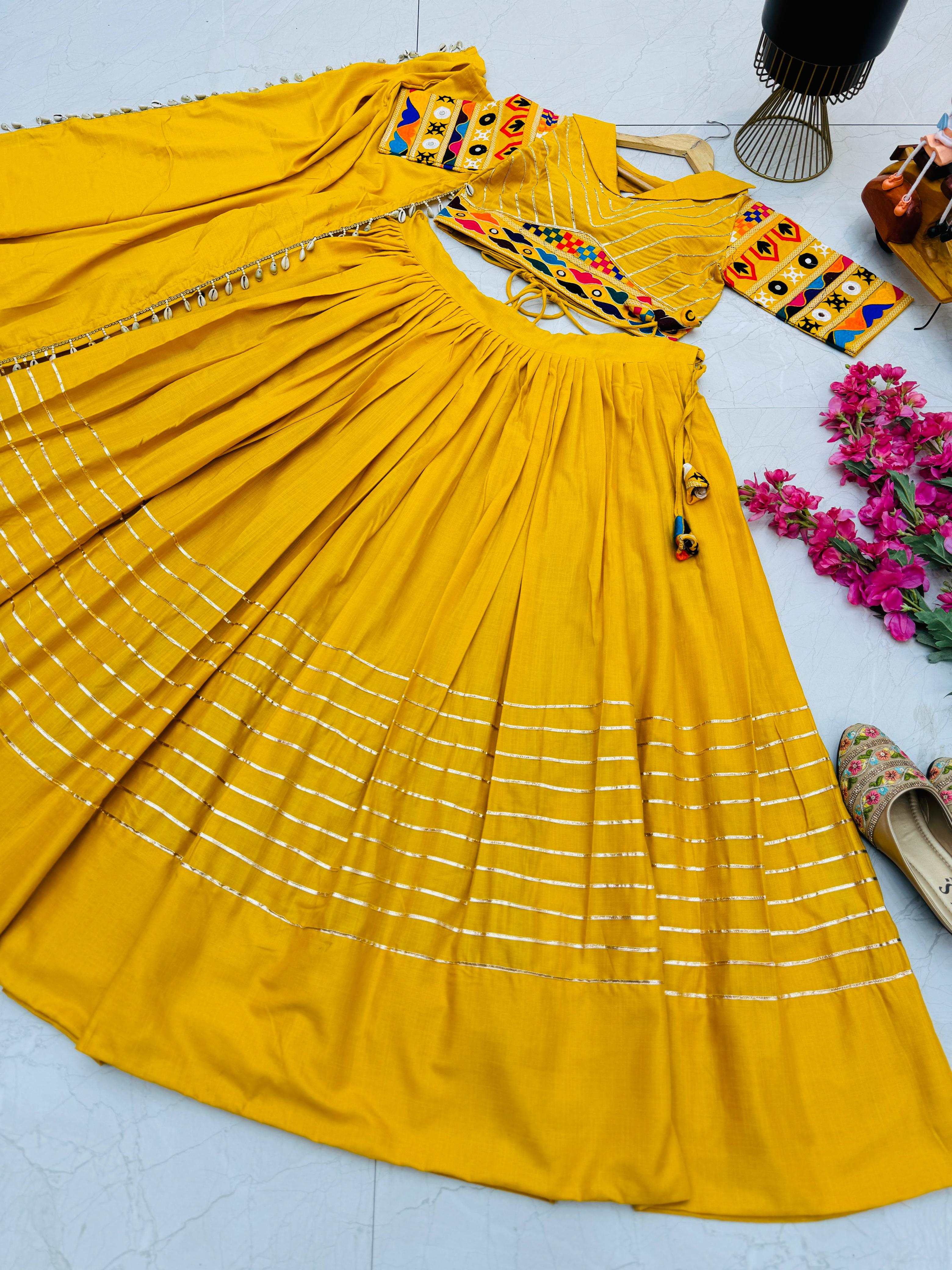 Festive Wear Embroidery With Mirror Work Mustard Lehenga Choli