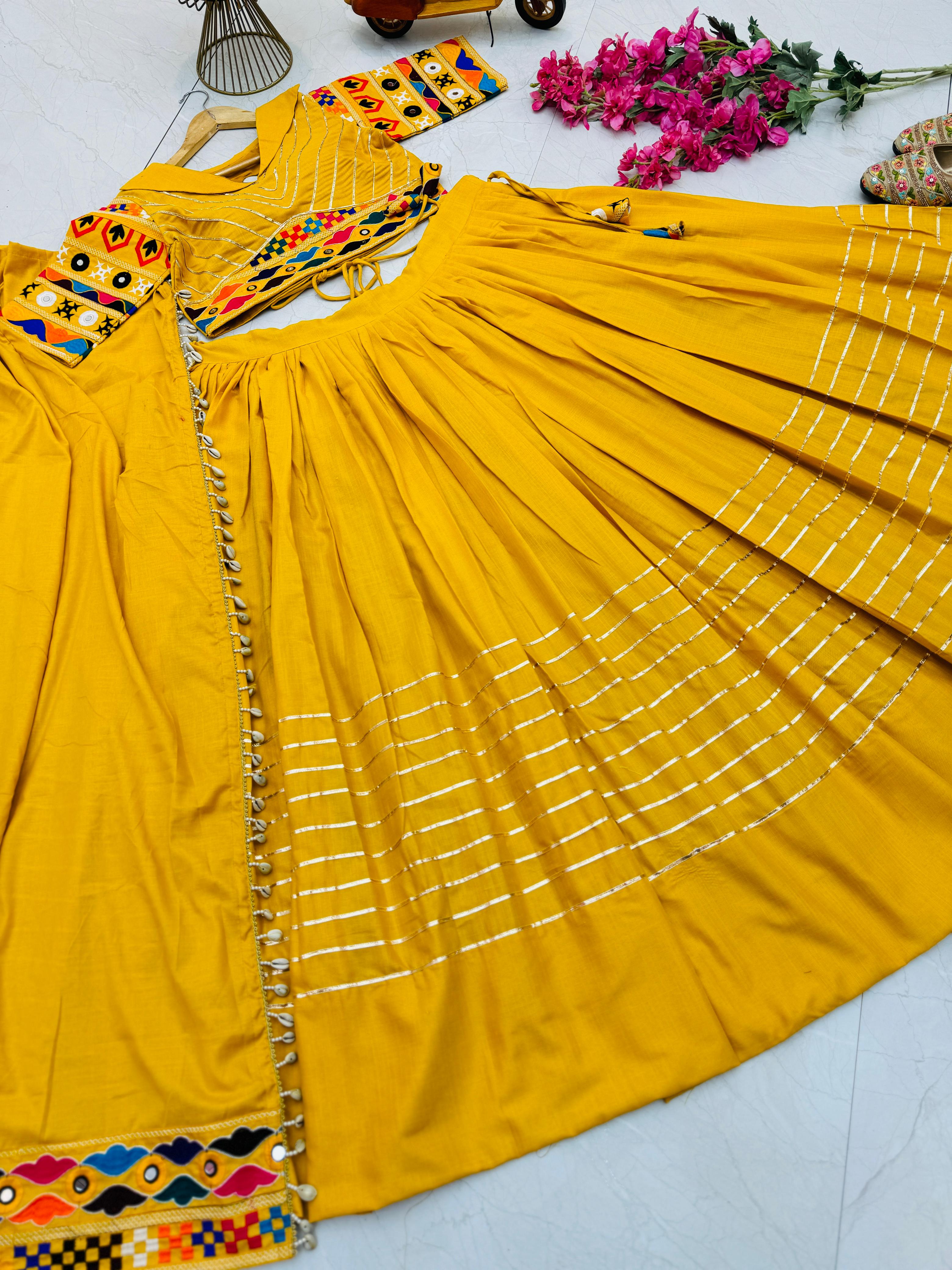 Festive Wear Embroidery With Mirror Work Mustard Lehenga Choli