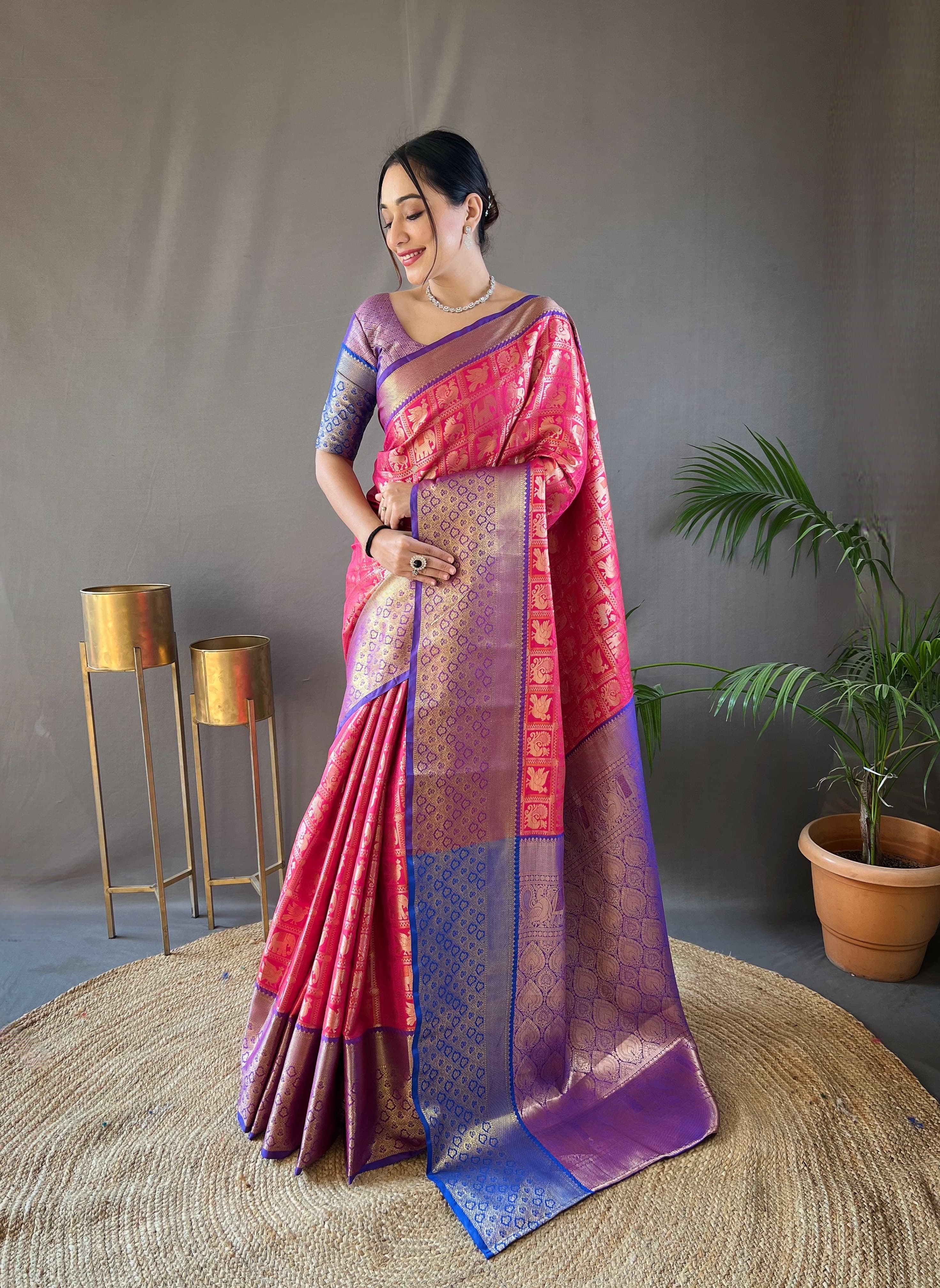 Function Wear Pink Color Contrast Weaving Pallu Silk Saree