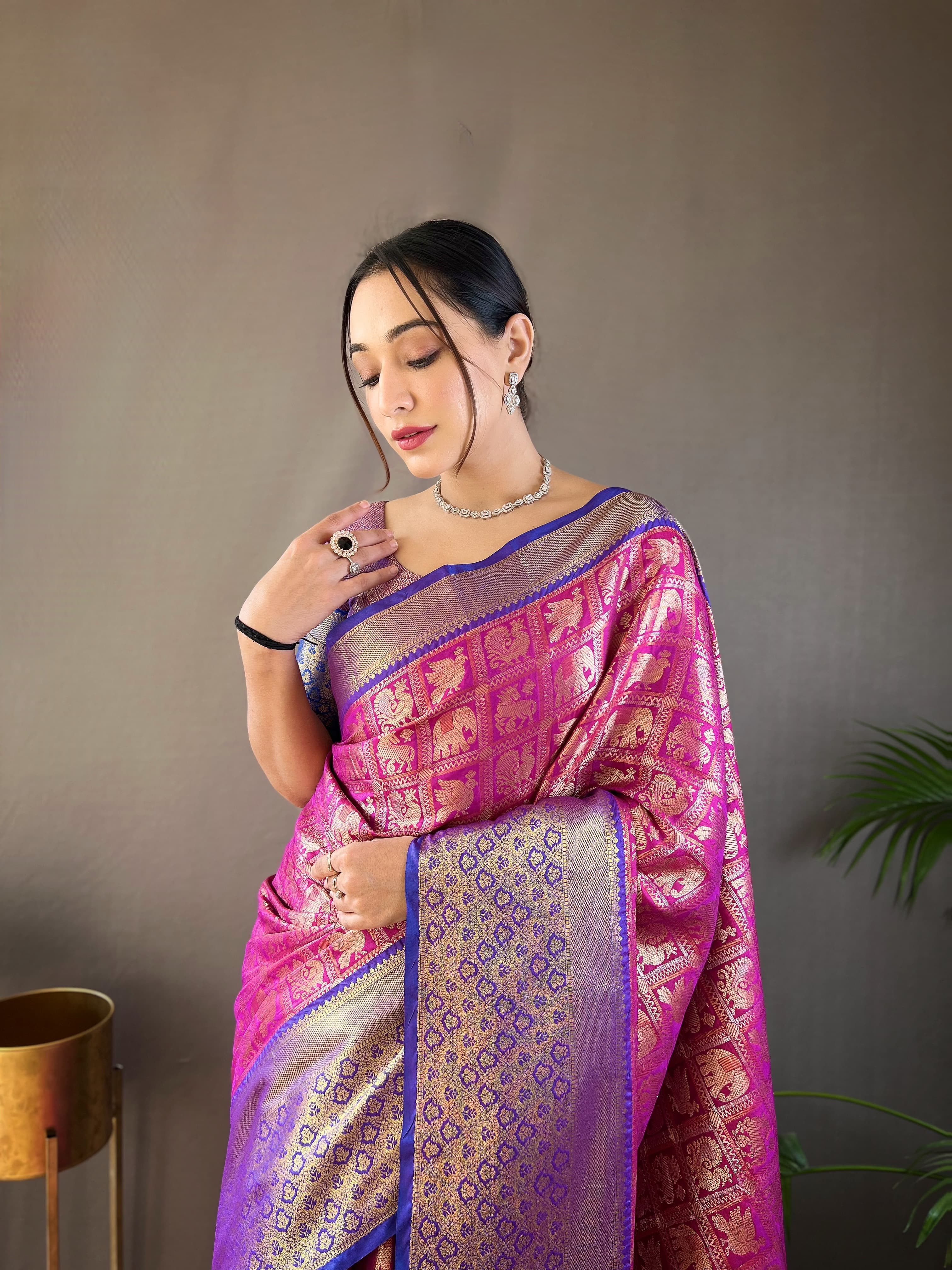 Function Wear Purple Color Contrast Weaving Pallu Silk Saree