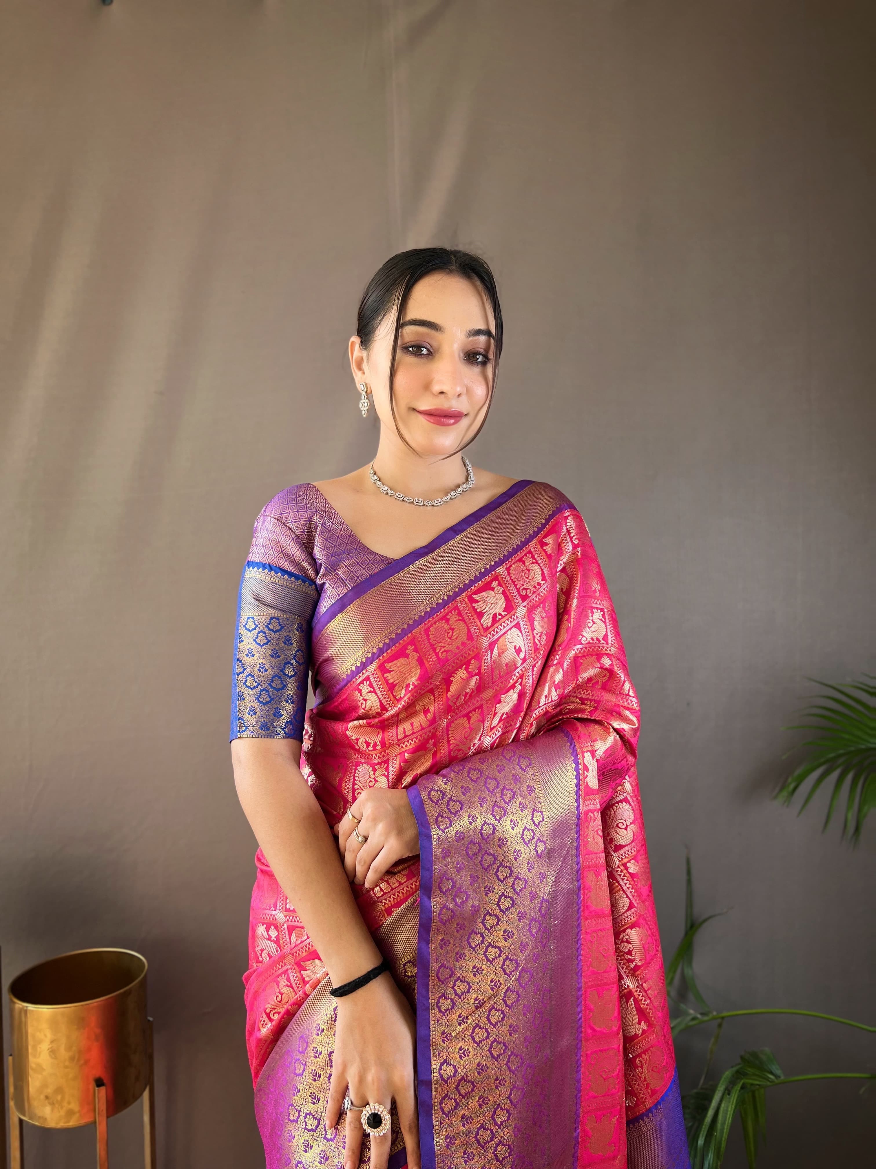 Function Wear Pink Color Contrast Weaving Pallu Silk Saree