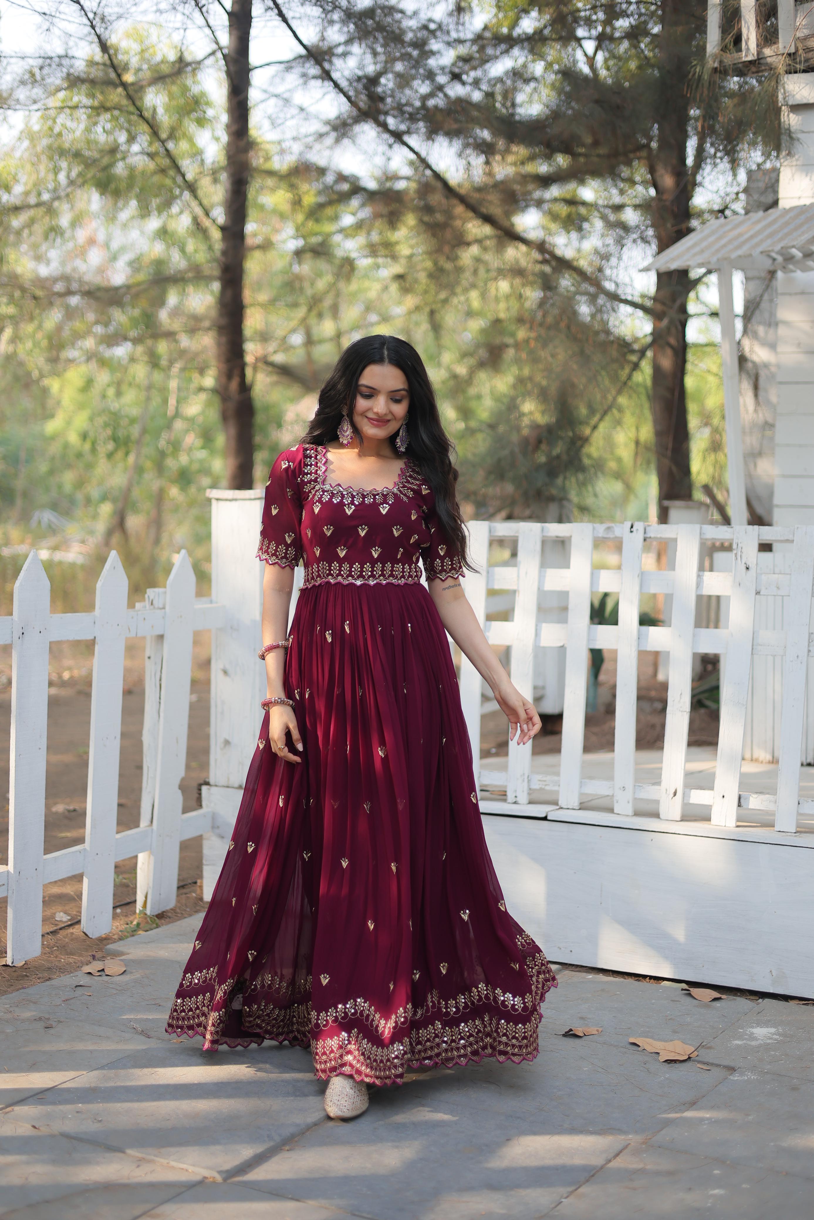 Fancy Square Neck Design Maroon Color Zari Work Gown