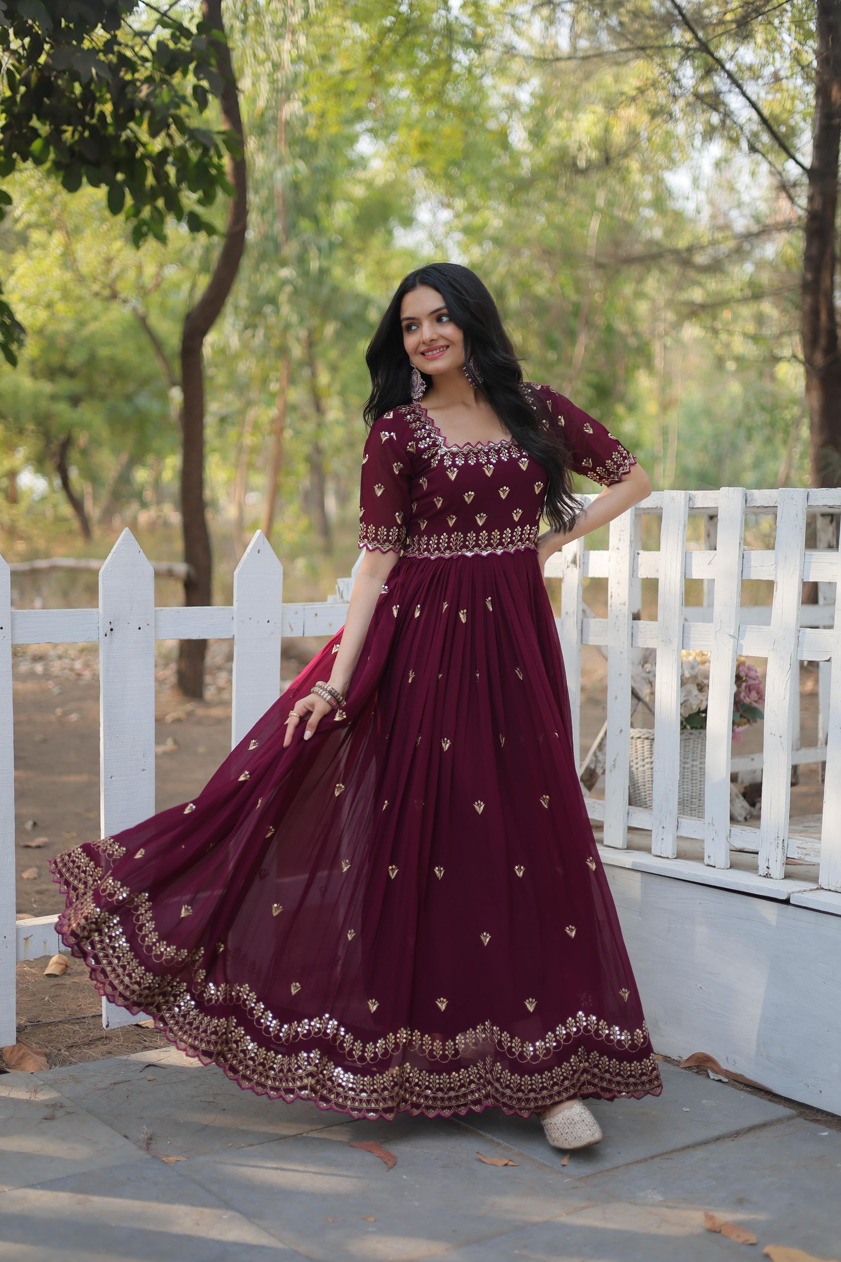 Fancy Square Neck Design Maroon Color Zari Work Gown