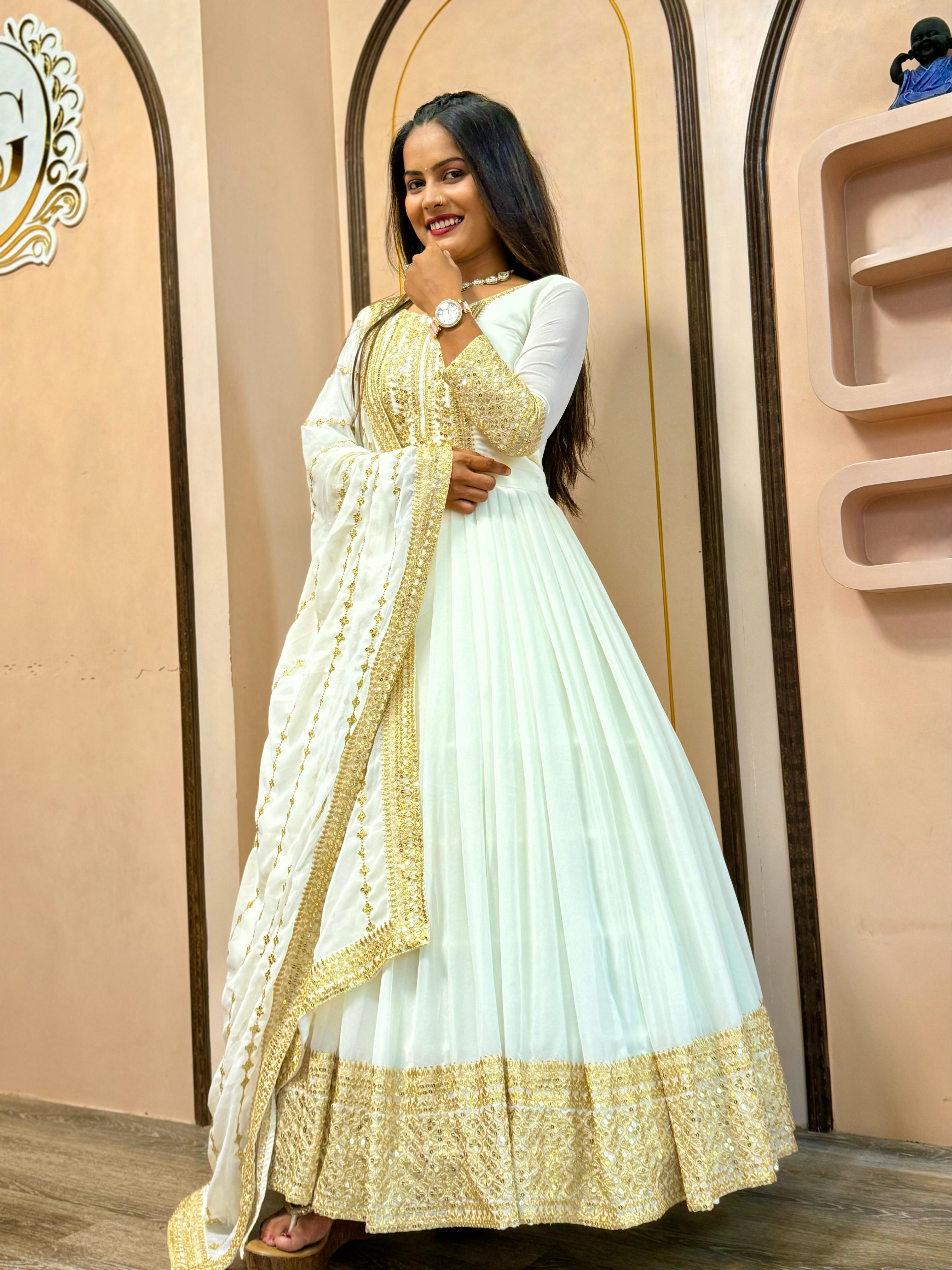 Shining Golden Sequence Work Long White Gown WIth Dupatta