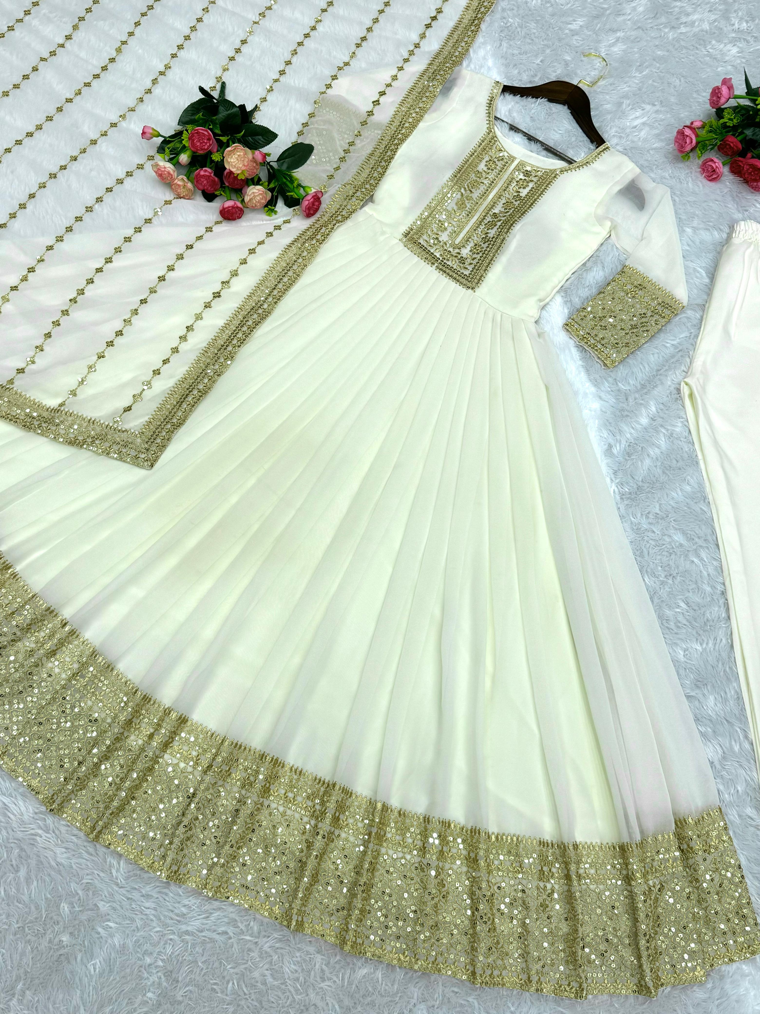 Shining Golden Sequence Work Long White Gown WIth Dupatta