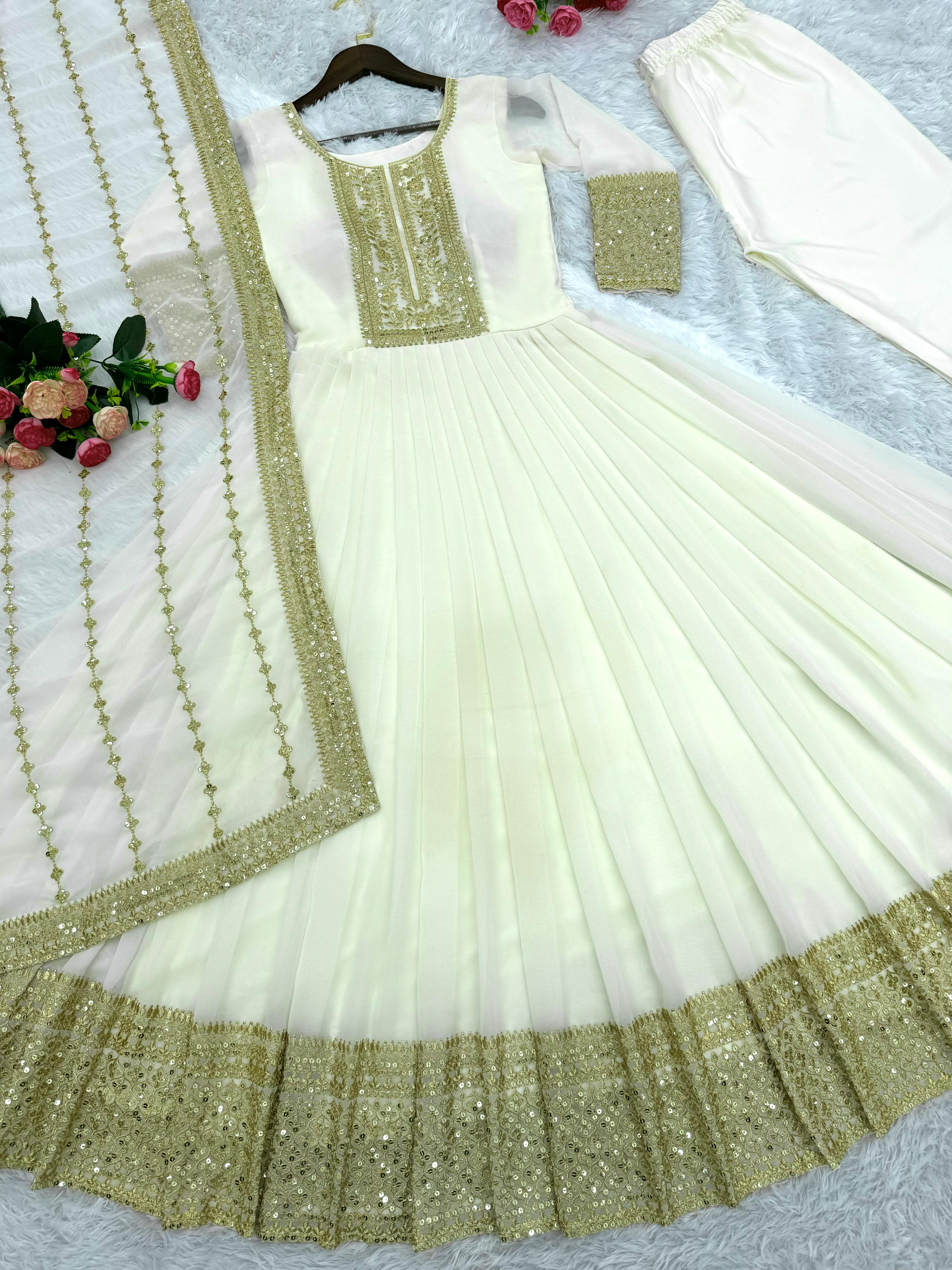 Shining Golden Sequence Work Long White Gown WIth Dupatta