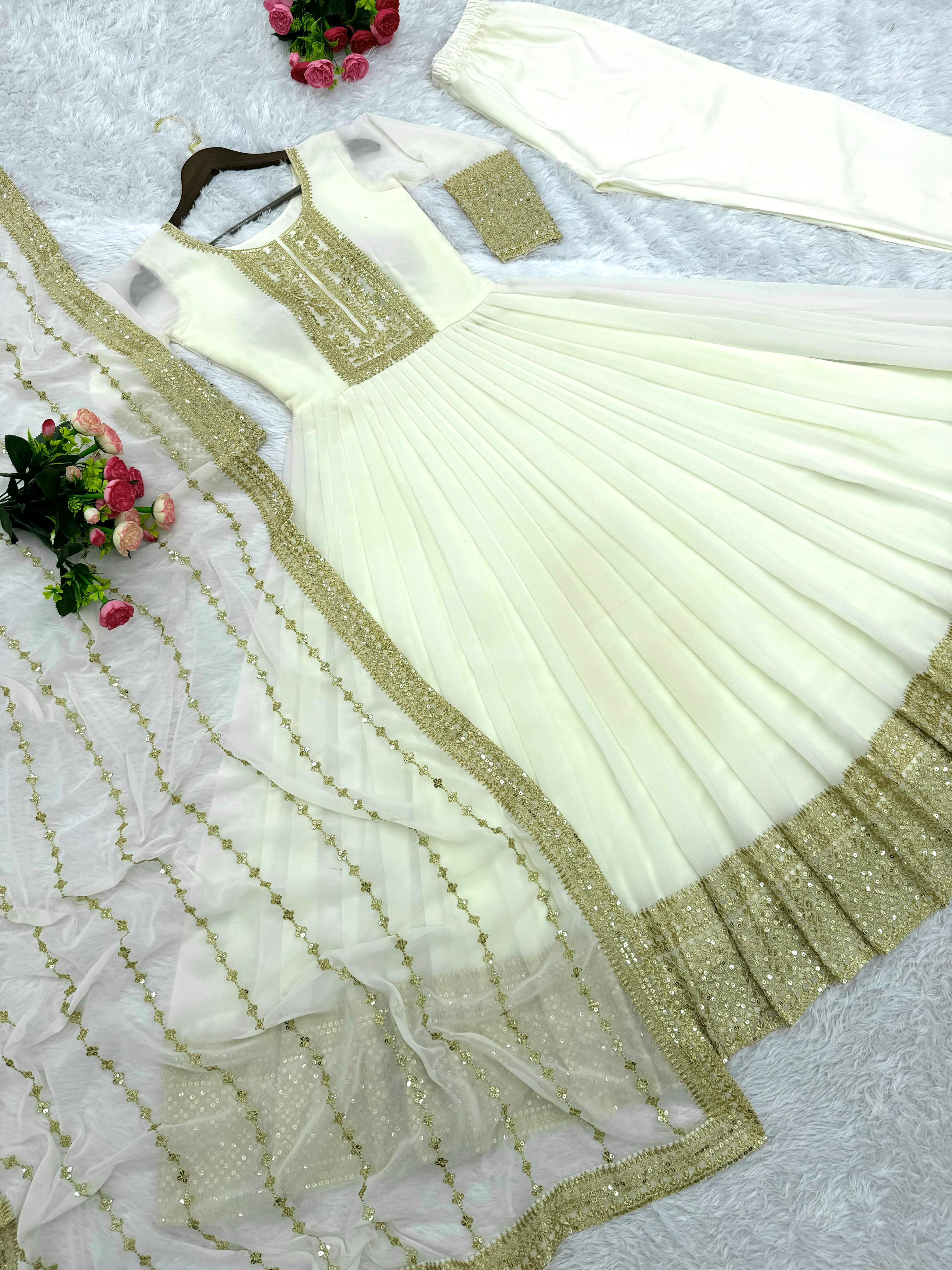 Shining Golden Sequence Work Long White Gown WIth Dupatta