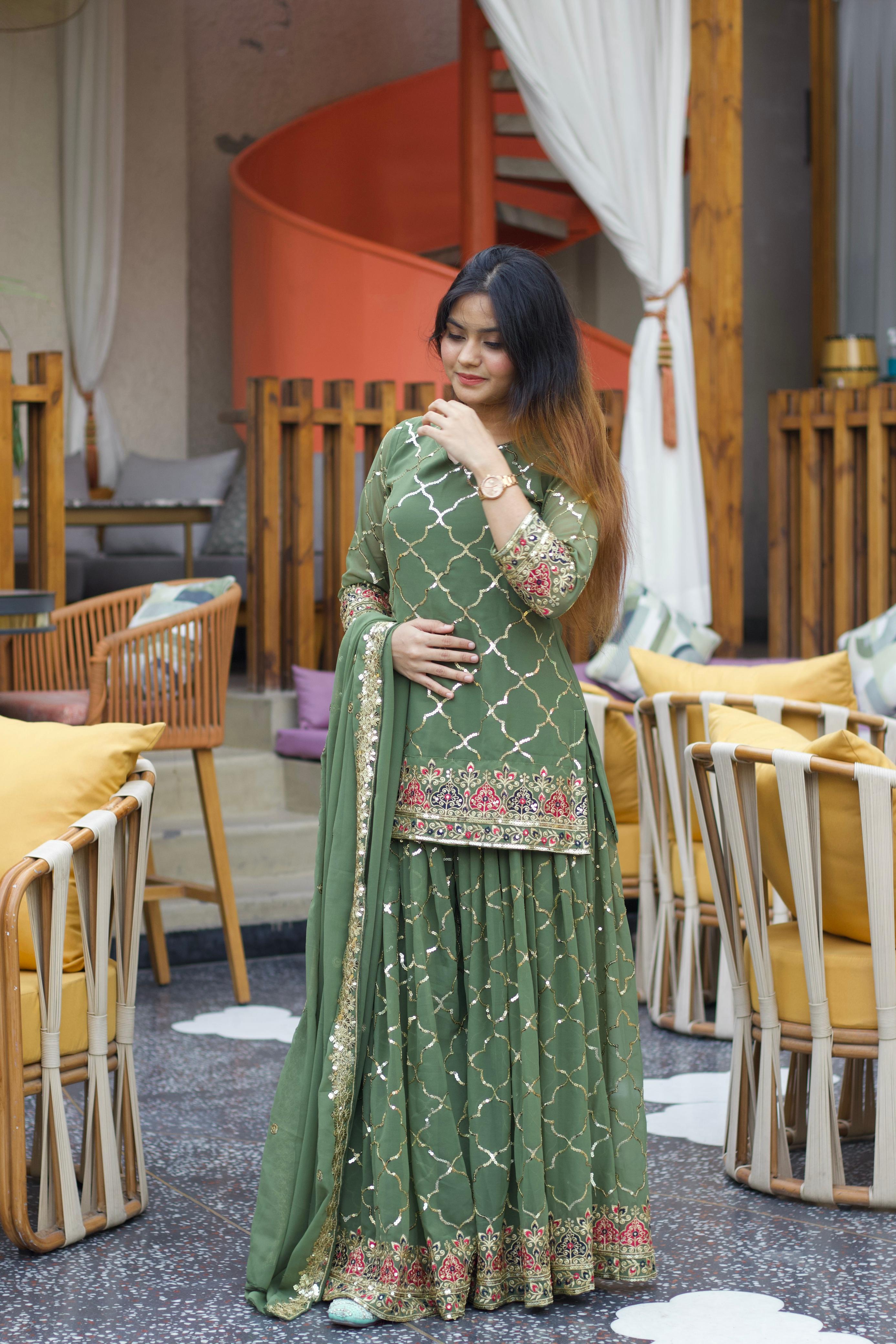 Full Sequence Work Heavy Green Color Sharara Suit