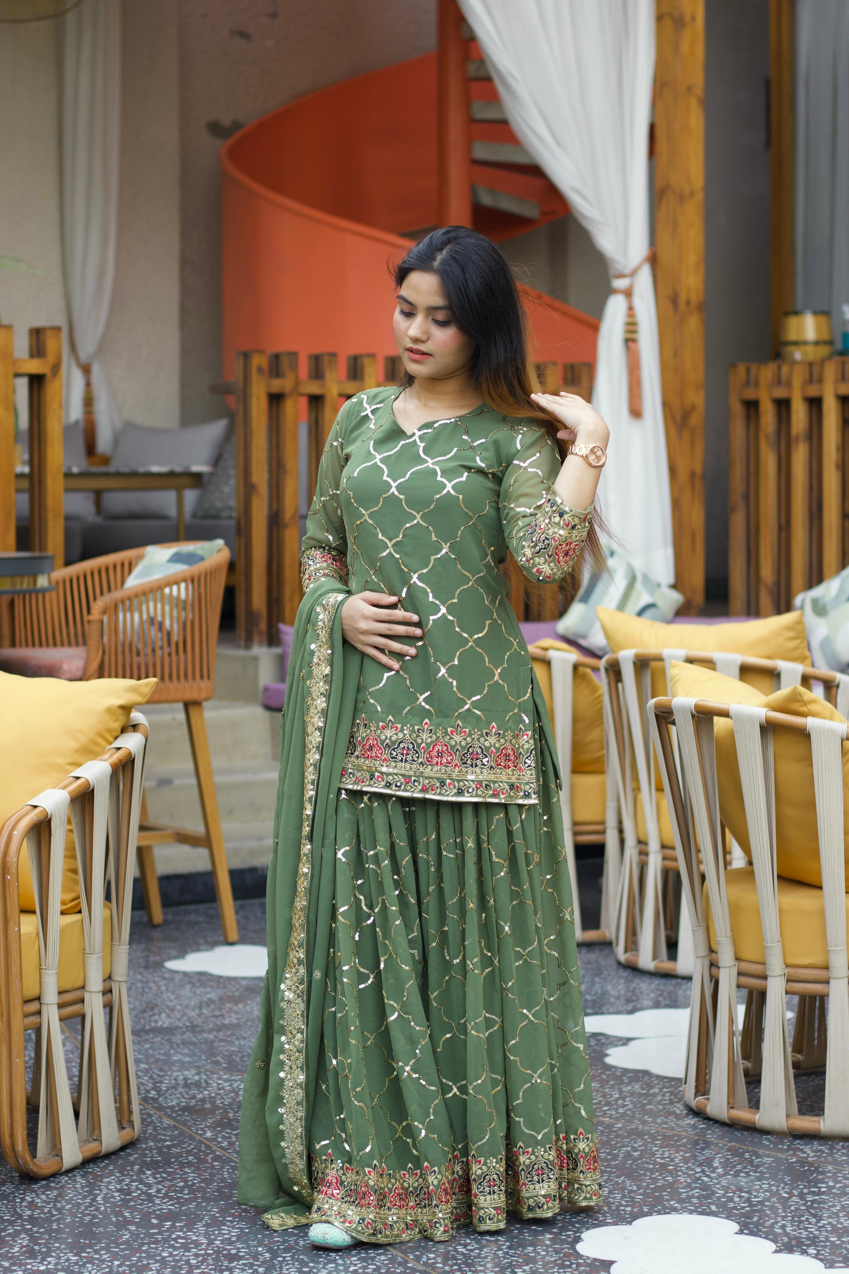 Full Sequence Work Heavy Green Color Sharara Suit