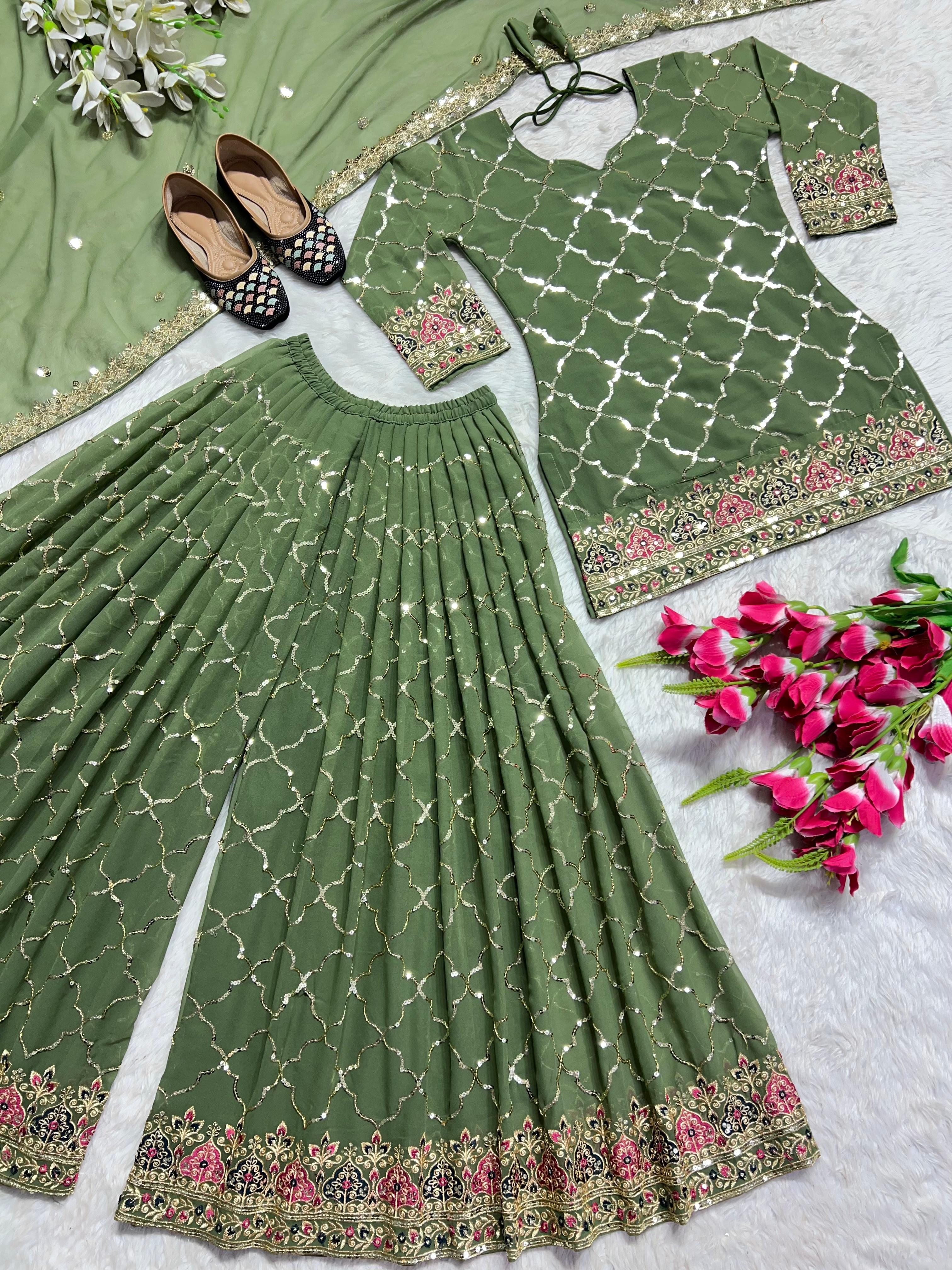 Full Sequence Work Heavy Green Color Sharara Suit