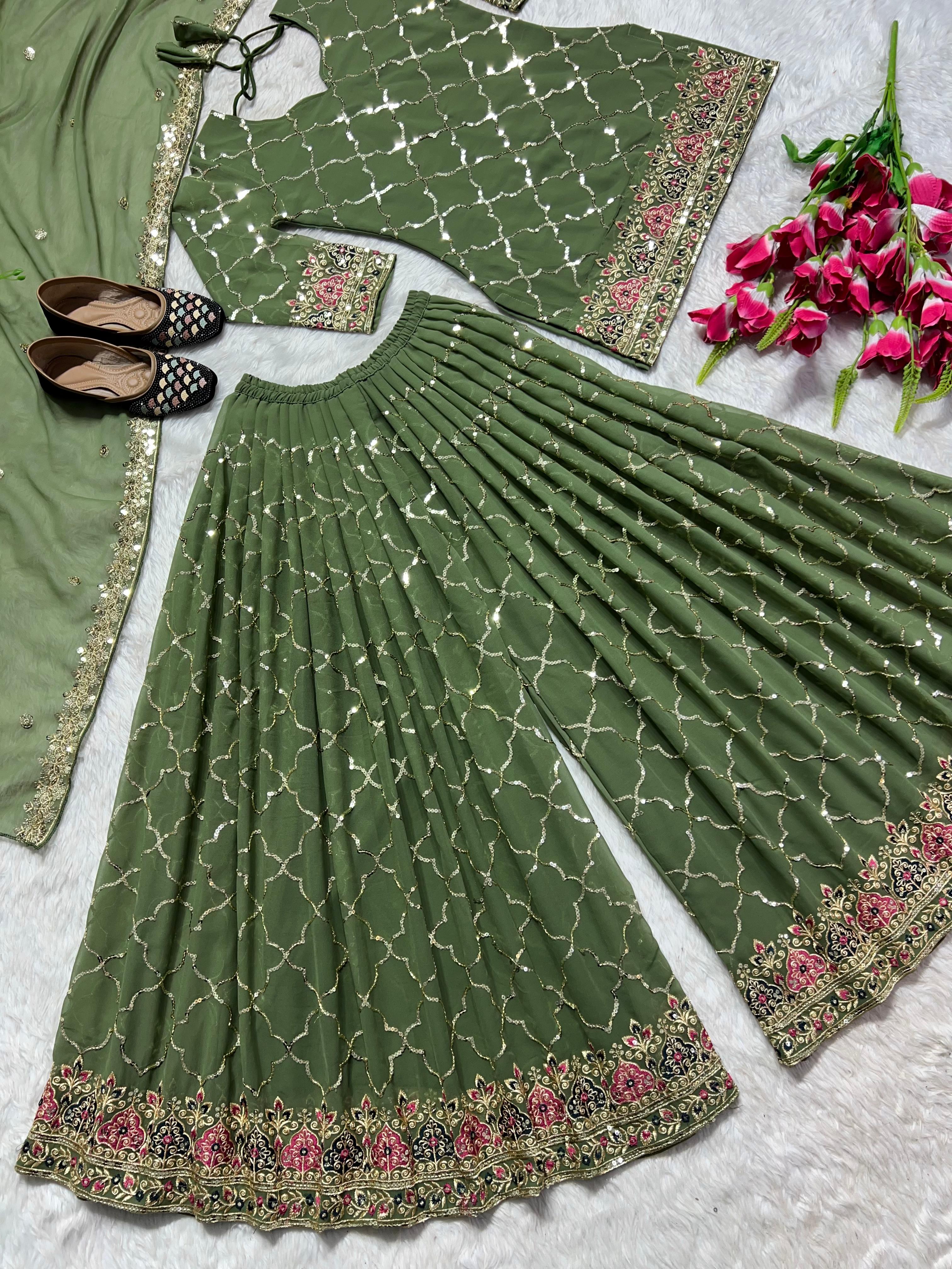 Full Sequence Work Heavy Green Color Sharara Suit