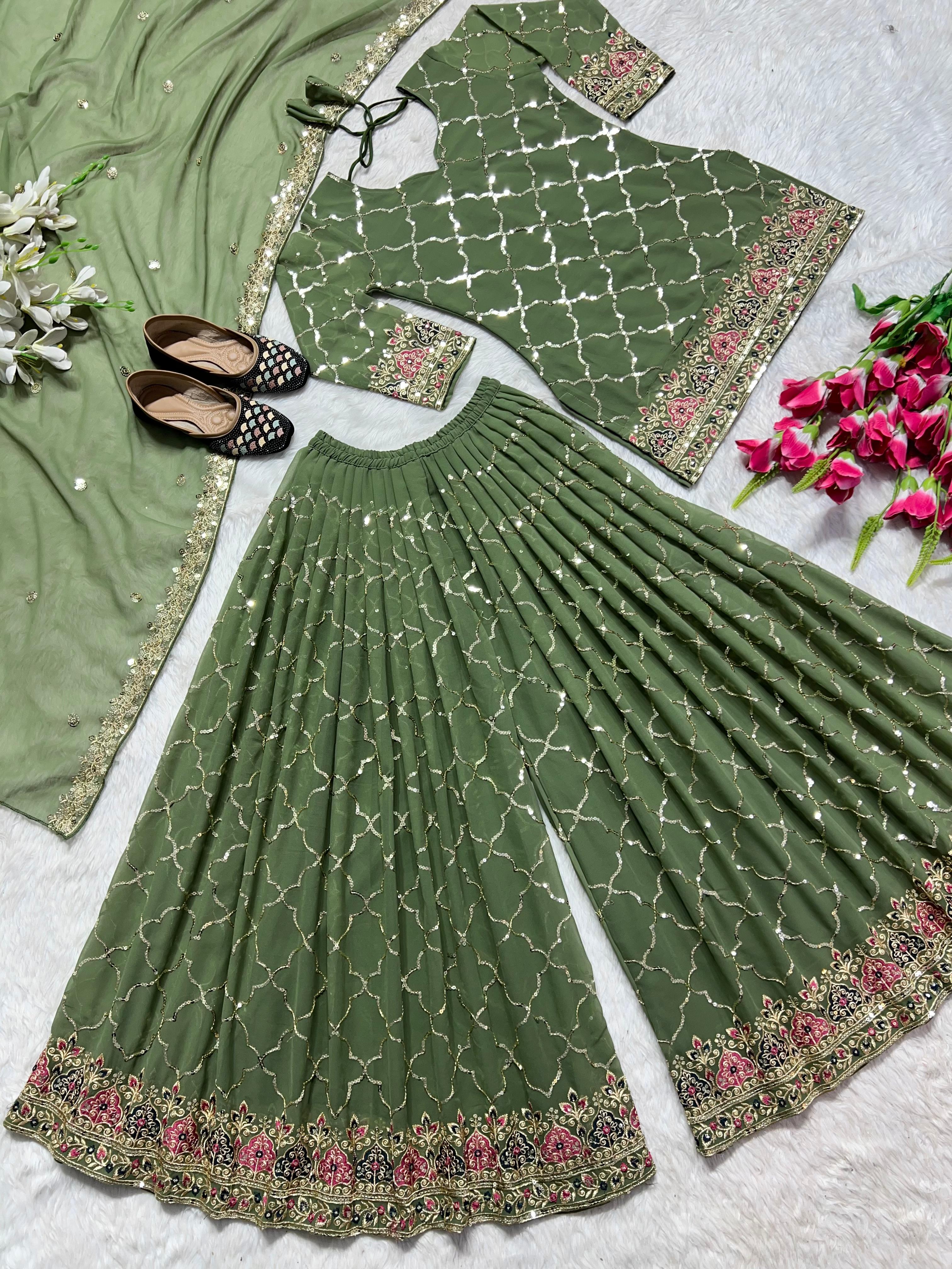 Full Sequence Work Heavy Green Color Sharara Suit