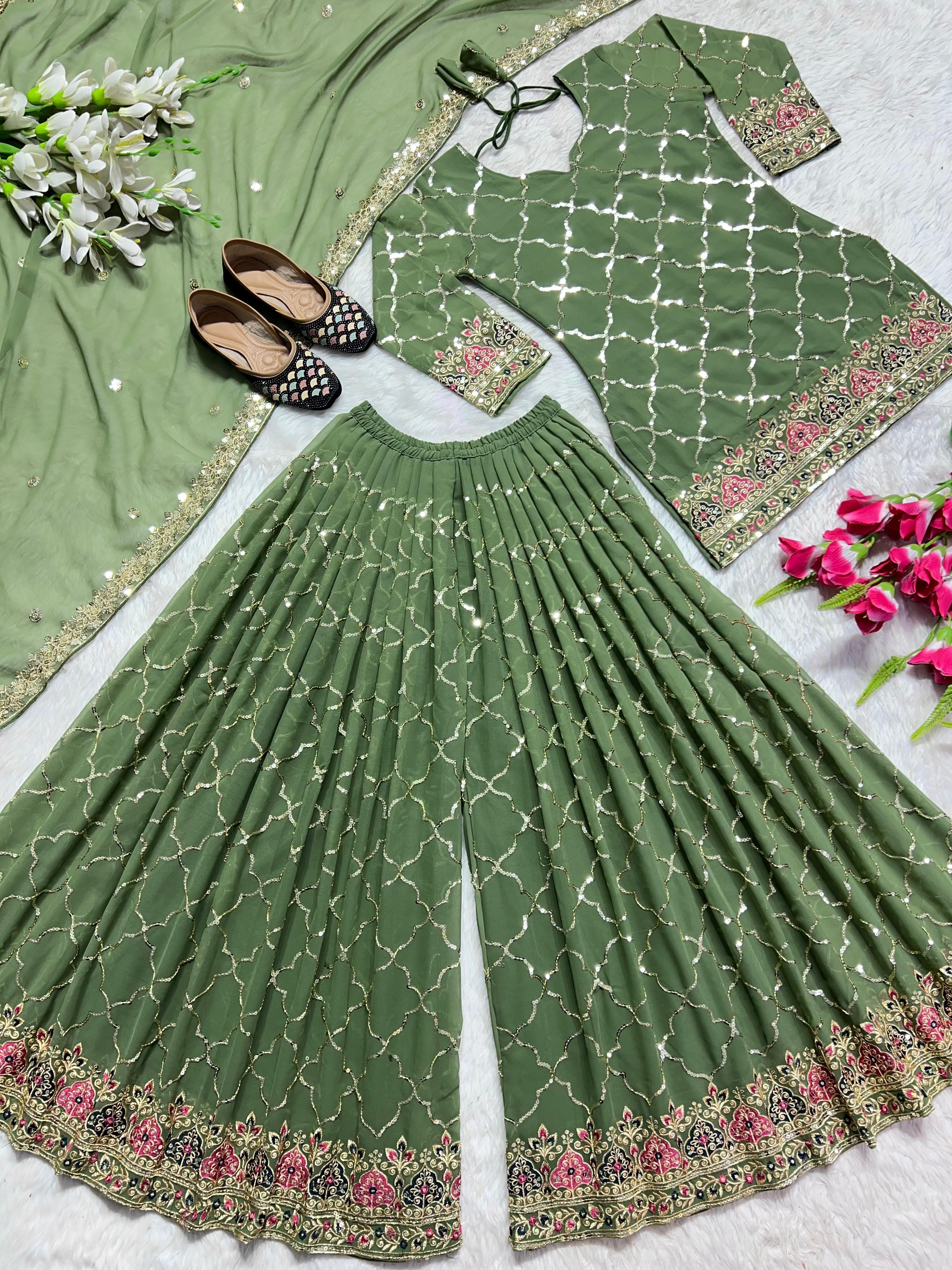 Full Sequence Work Heavy Green Color Sharara Suit