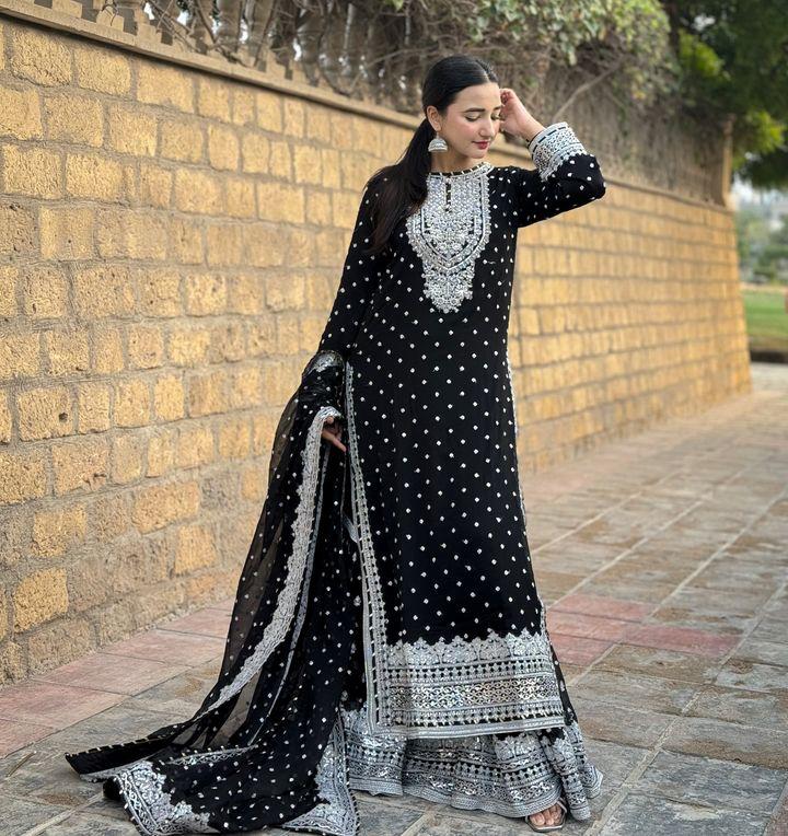 Designer Embroidery WIth Sequence Work Black Sharara Suit