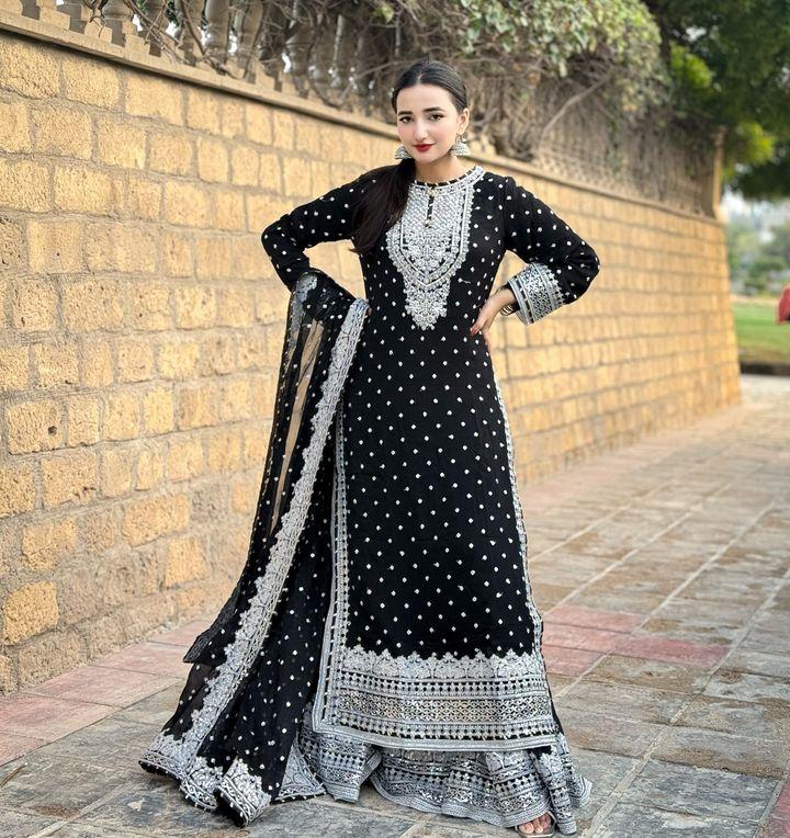 Designer Embroidery WIth Sequence Work Black Sharara Suit