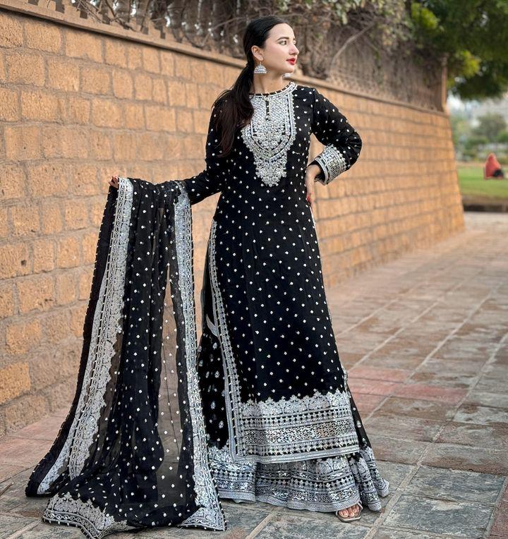 Designer Embroidery WIth Sequence Work Black Sharara Suit