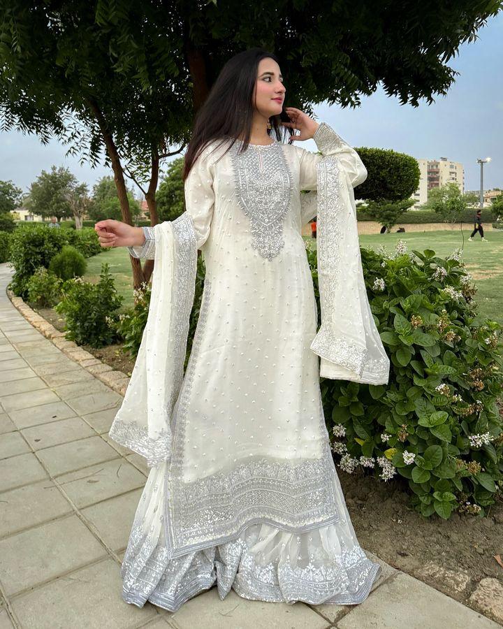 Designer Embroidery WIth Sequence Work White Sharara Suit