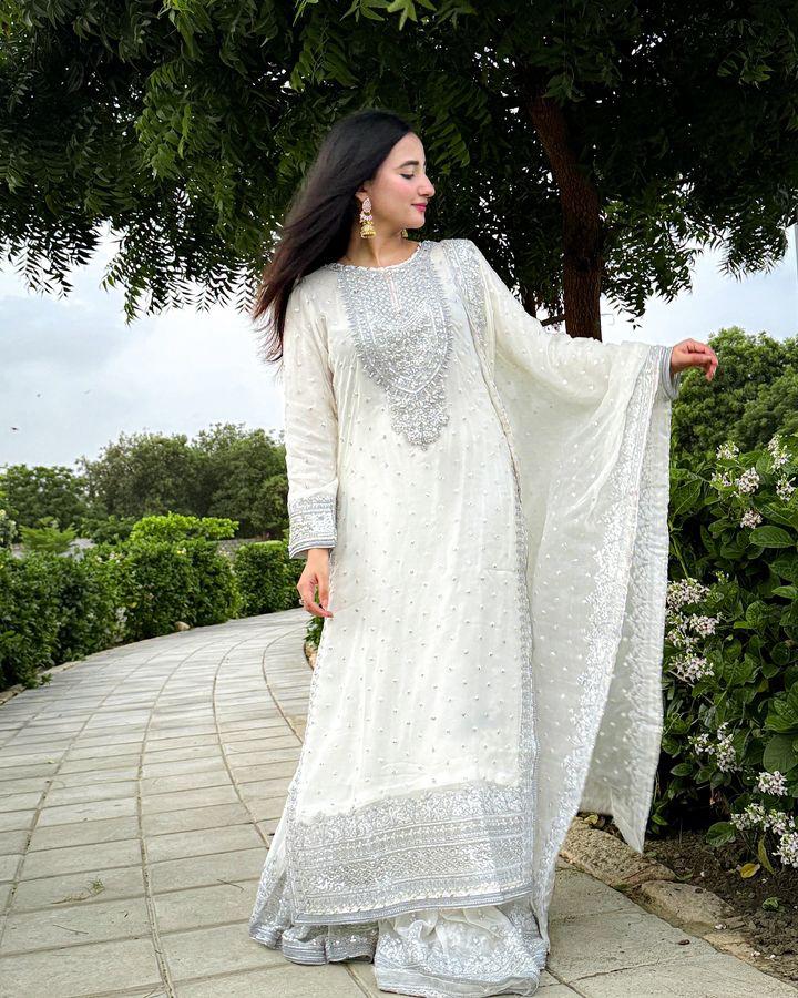 Designer Embroidery WIth Sequence Work White Sharara Suit