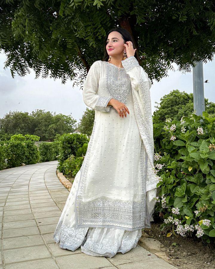 Designer Embroidery WIth Sequence Work White Sharara Suit