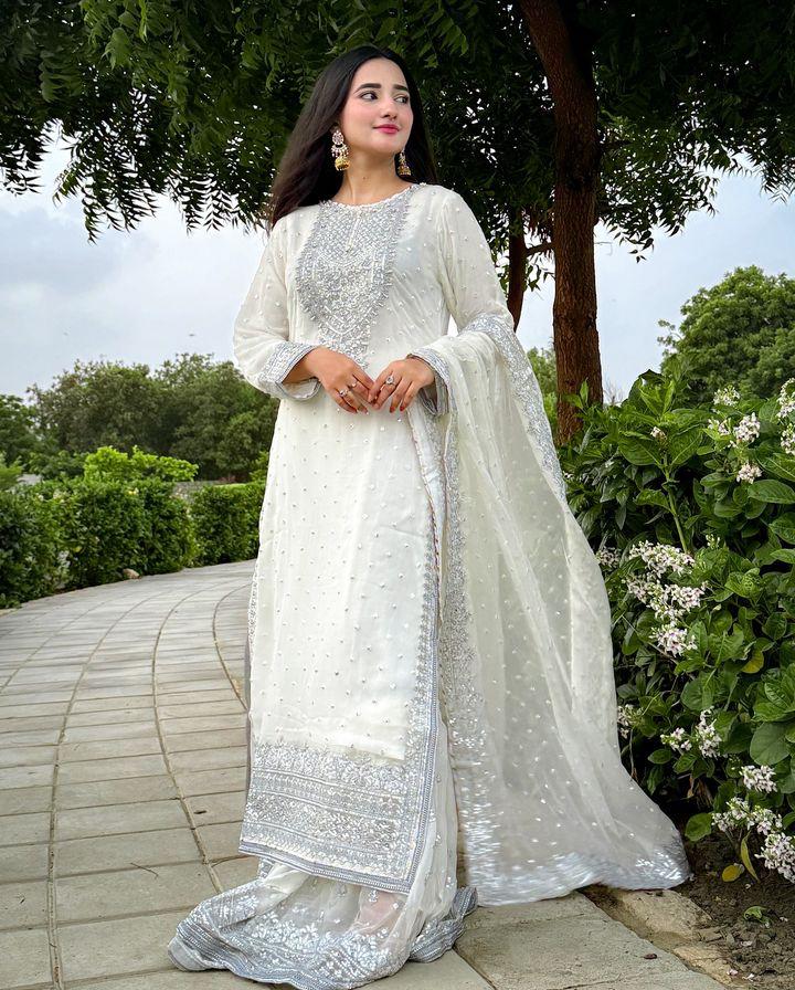 Designer Embroidery WIth Sequence Work White Sharara Suit