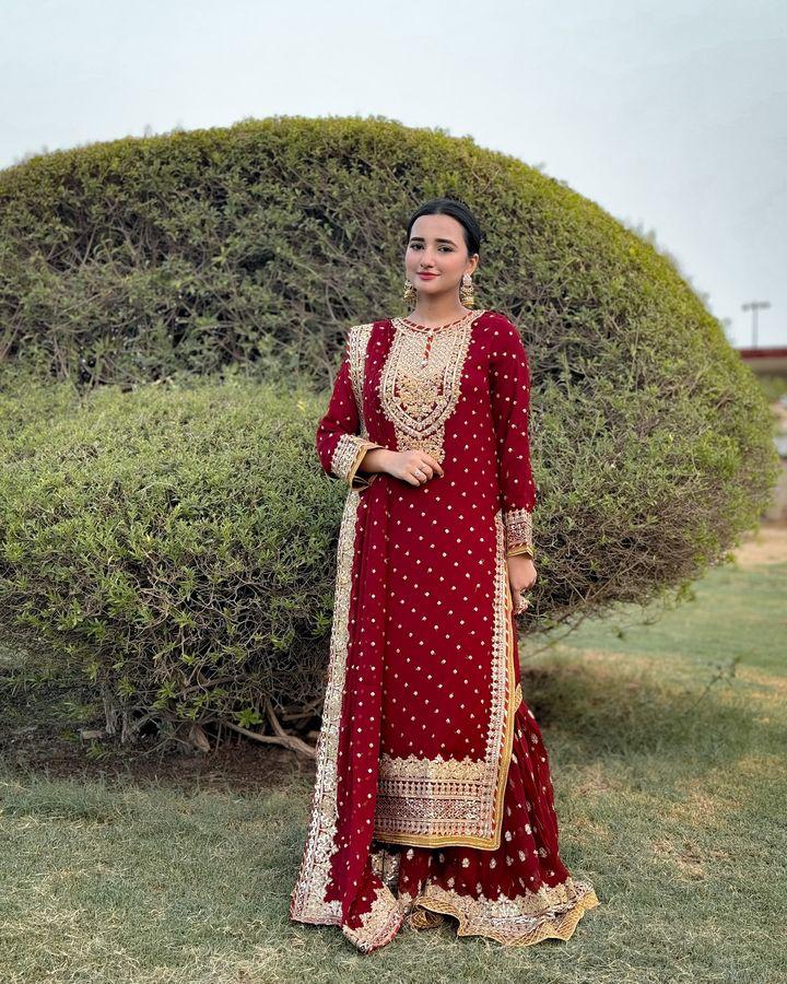 Designer Embroidery WIth Sequence Work Red Sharara Suit