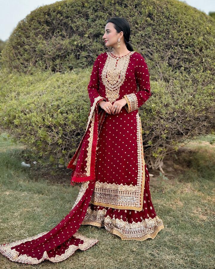 Designer Embroidery WIth Sequence Work Red Sharara Suit