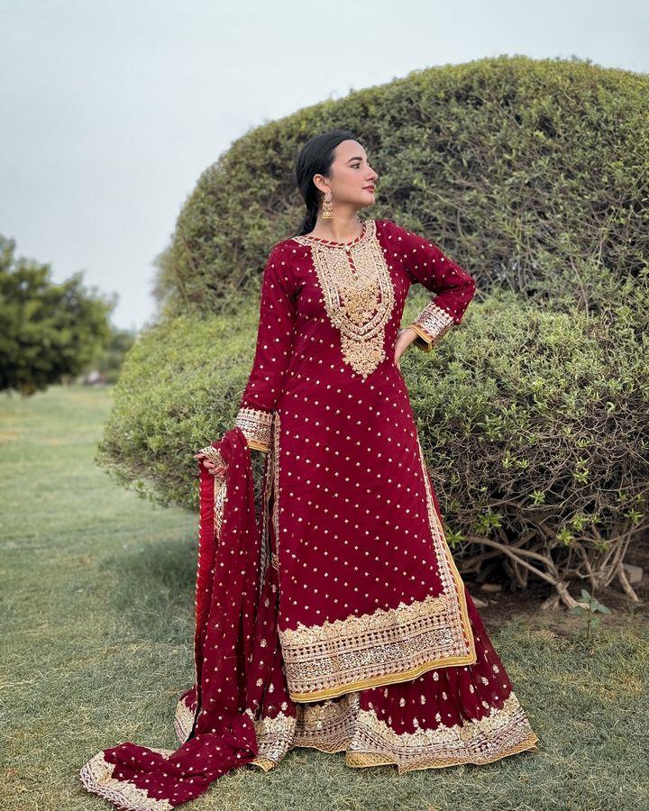 Designer Embroidery WIth Sequence Work Red Sharara Suit