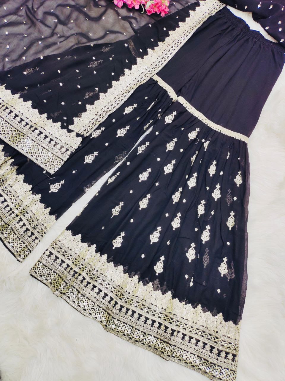 Designer Embroidery WIth Sequence Work Black Sharara Suit