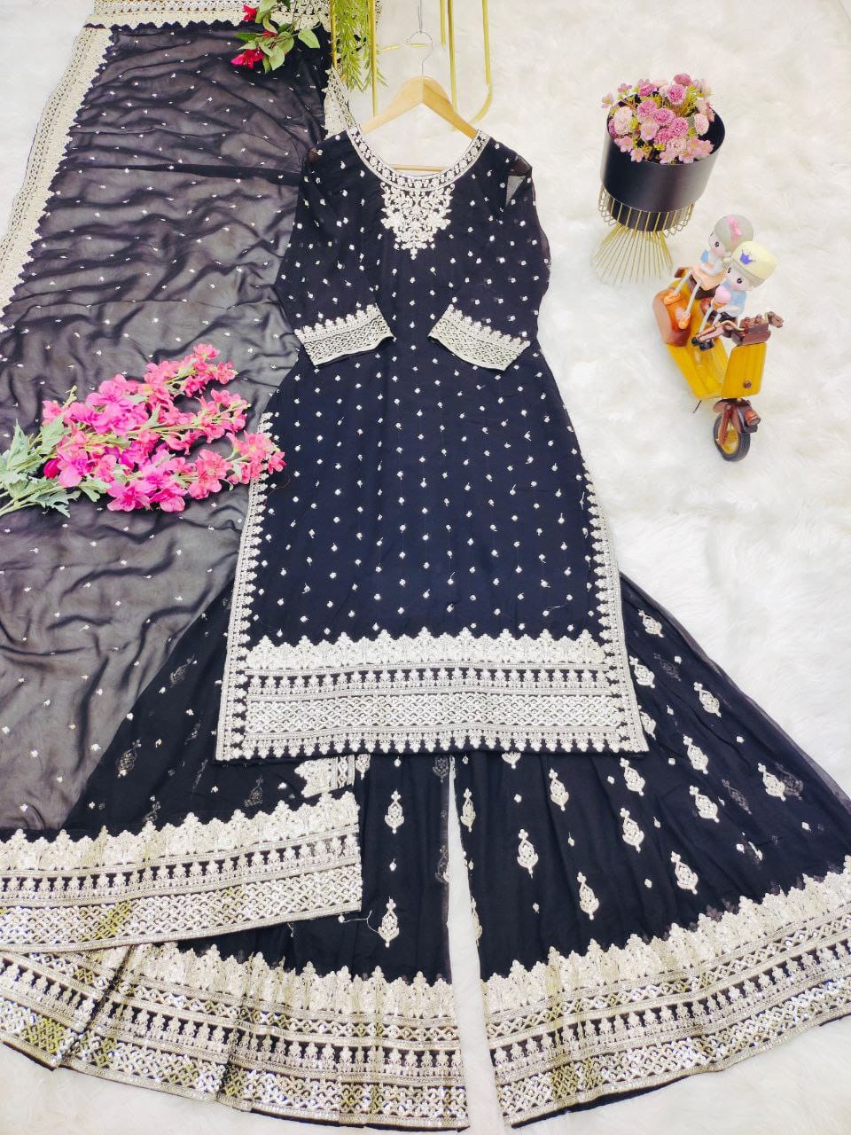 Designer Embroidery WIth Sequence Work Black Sharara Suit