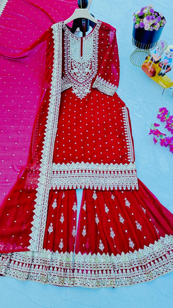 Designer Embroidery WIth Sequence Work Red Sharara Suit