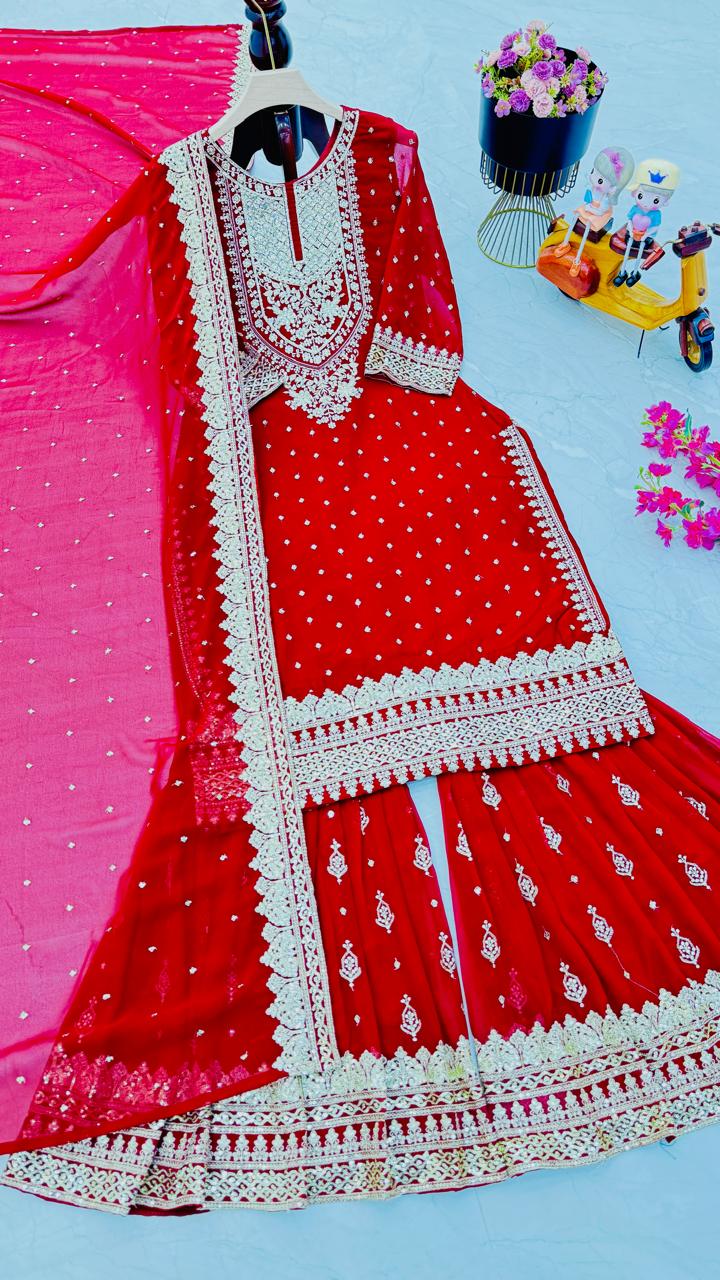 Designer Embroidery WIth Sequence Work Red Sharara Suit